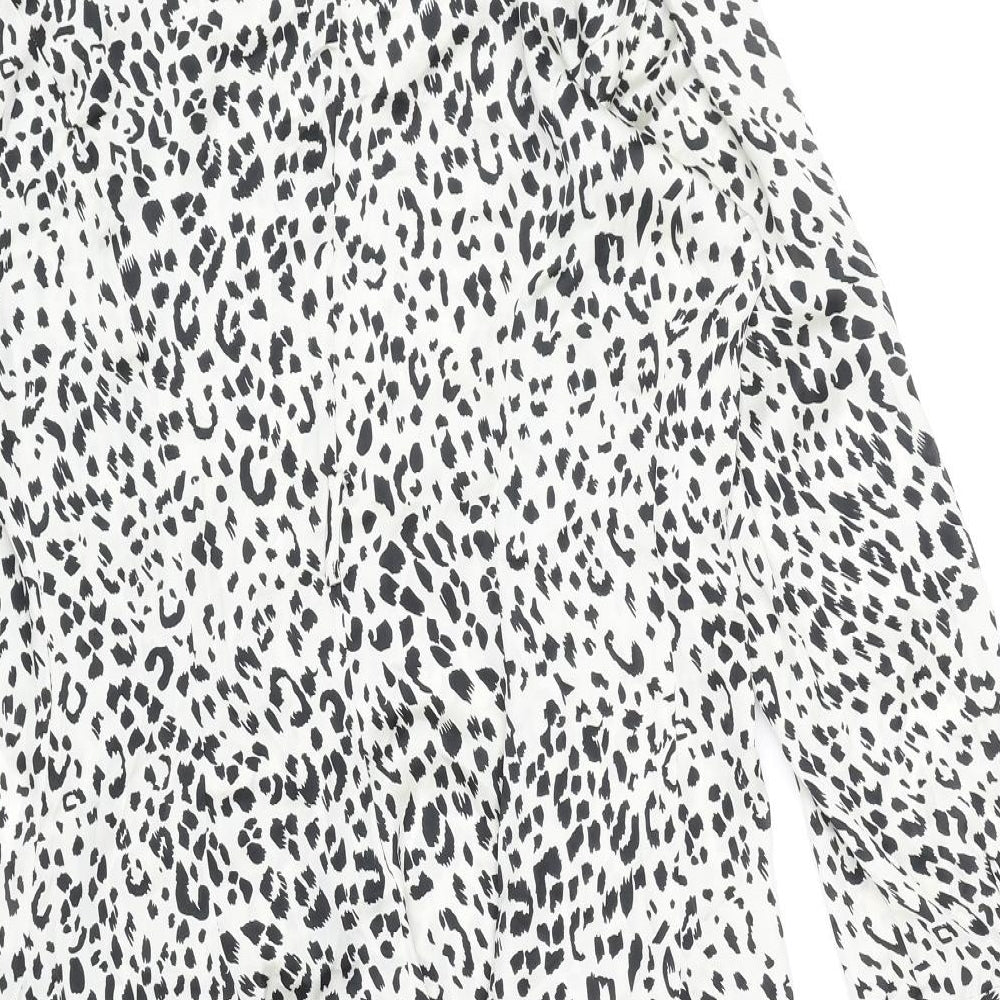 Zara Womens White Animal Print Polyester Shirt Dress Size L Collared Button - Leopard Pattern