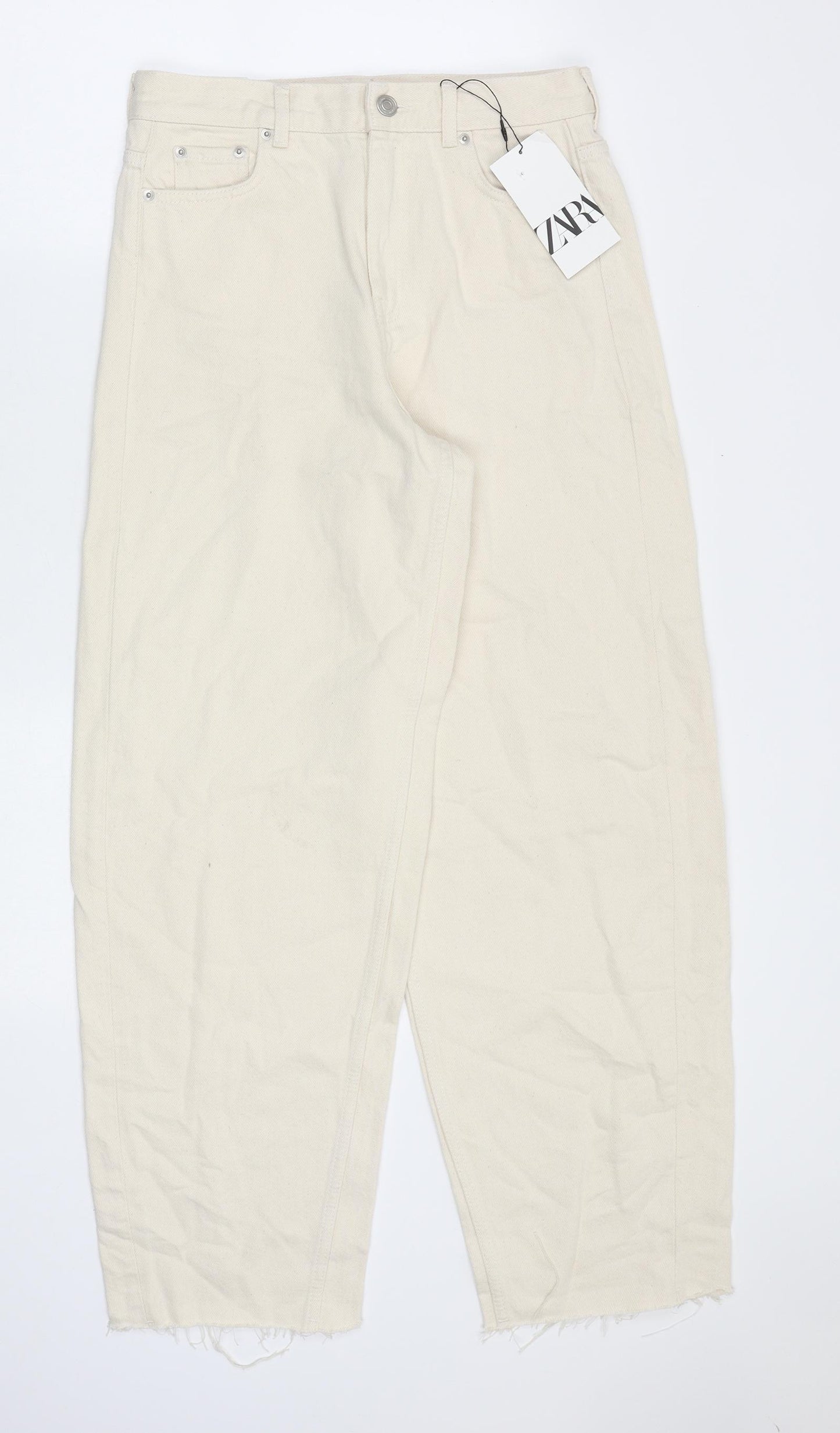 Zara Womens Beige Cotton Straight Jeans Size 8 Regular Zip