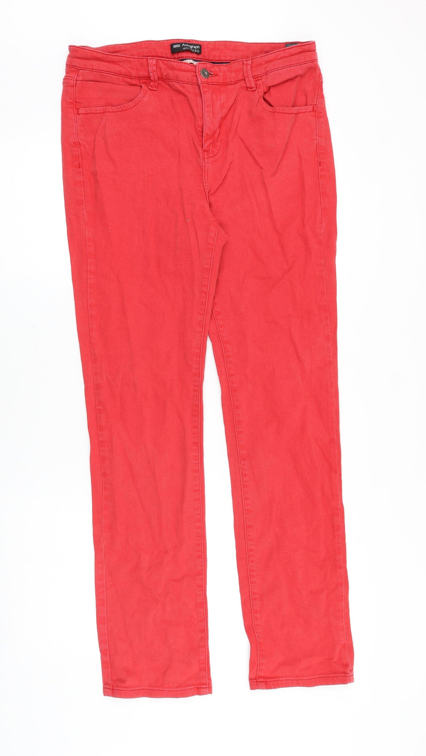 Marks and Spencer Womens Red Cotton Straight Jeans Size 14 Slim Zip