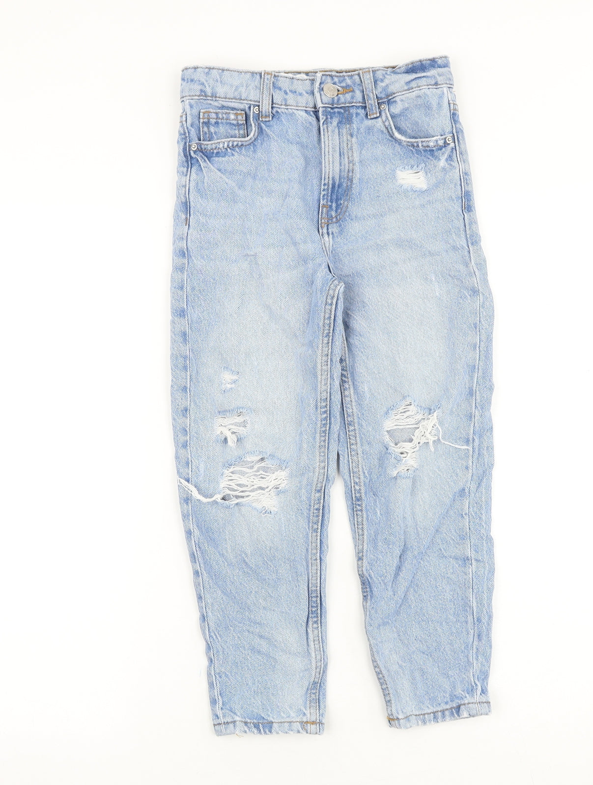 Denim & Co. Girls Blue Cotton Straight Jeans Size 7-8 Years Regular Zip - Distressed