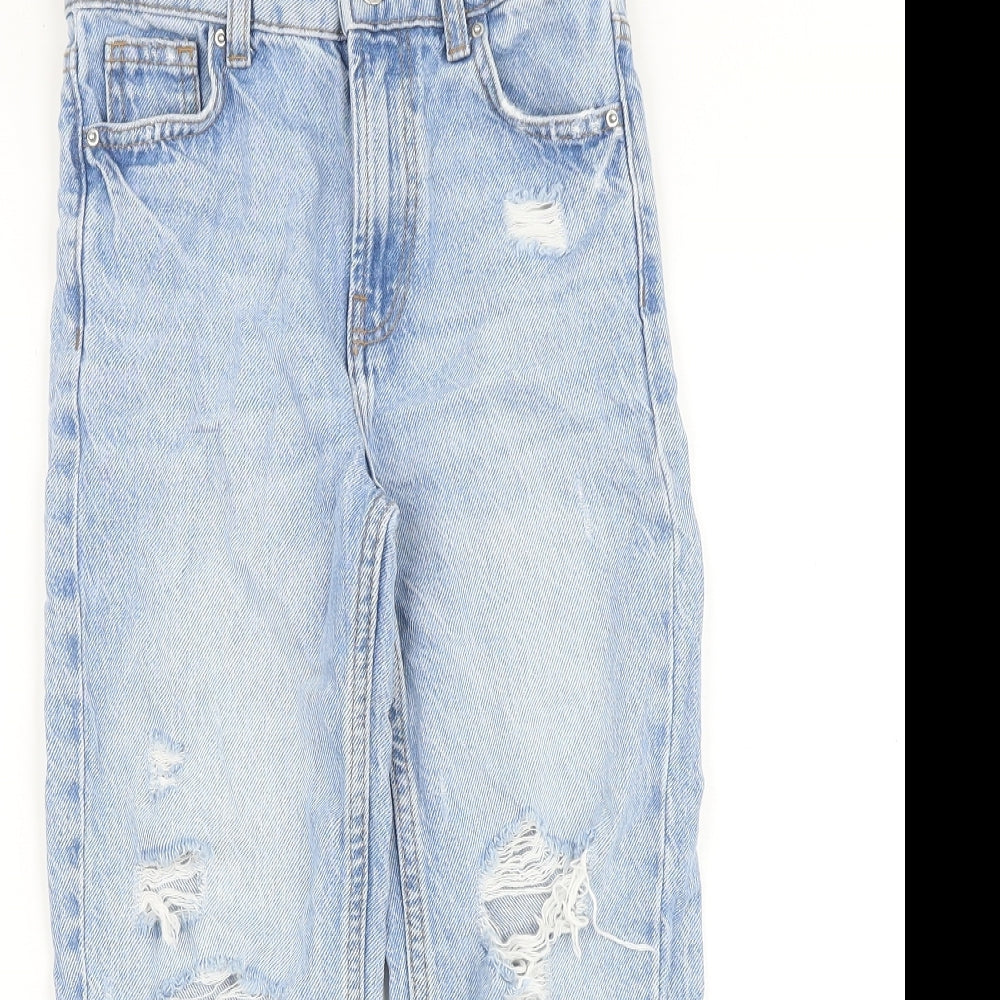Denim & Co. Girls Blue Cotton Straight Jeans Size 7-8 Years Regular Zip - Distressed