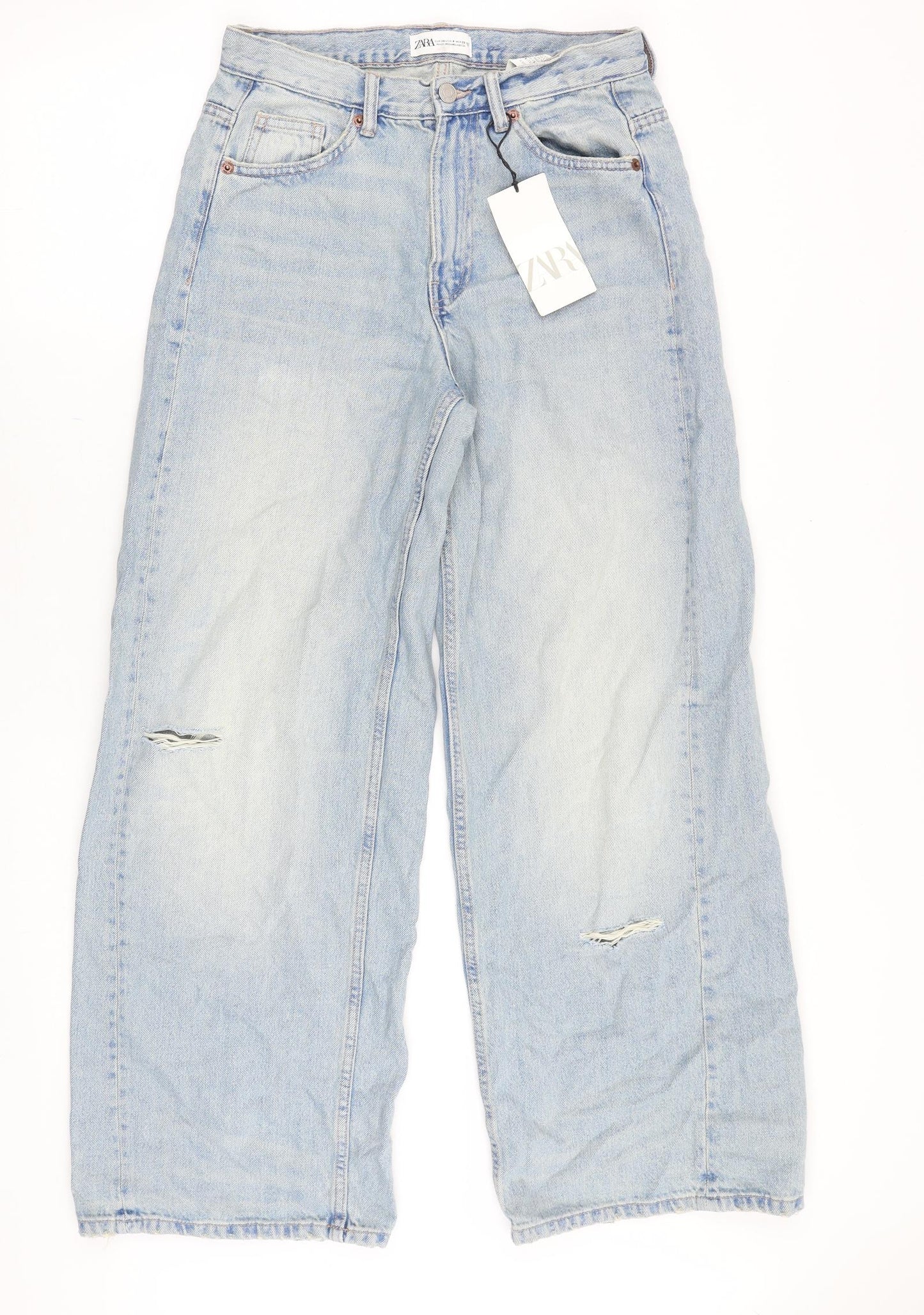 Zara Womens Blue Cotton Wide-Leg Jeans Size 8 Regular Zip