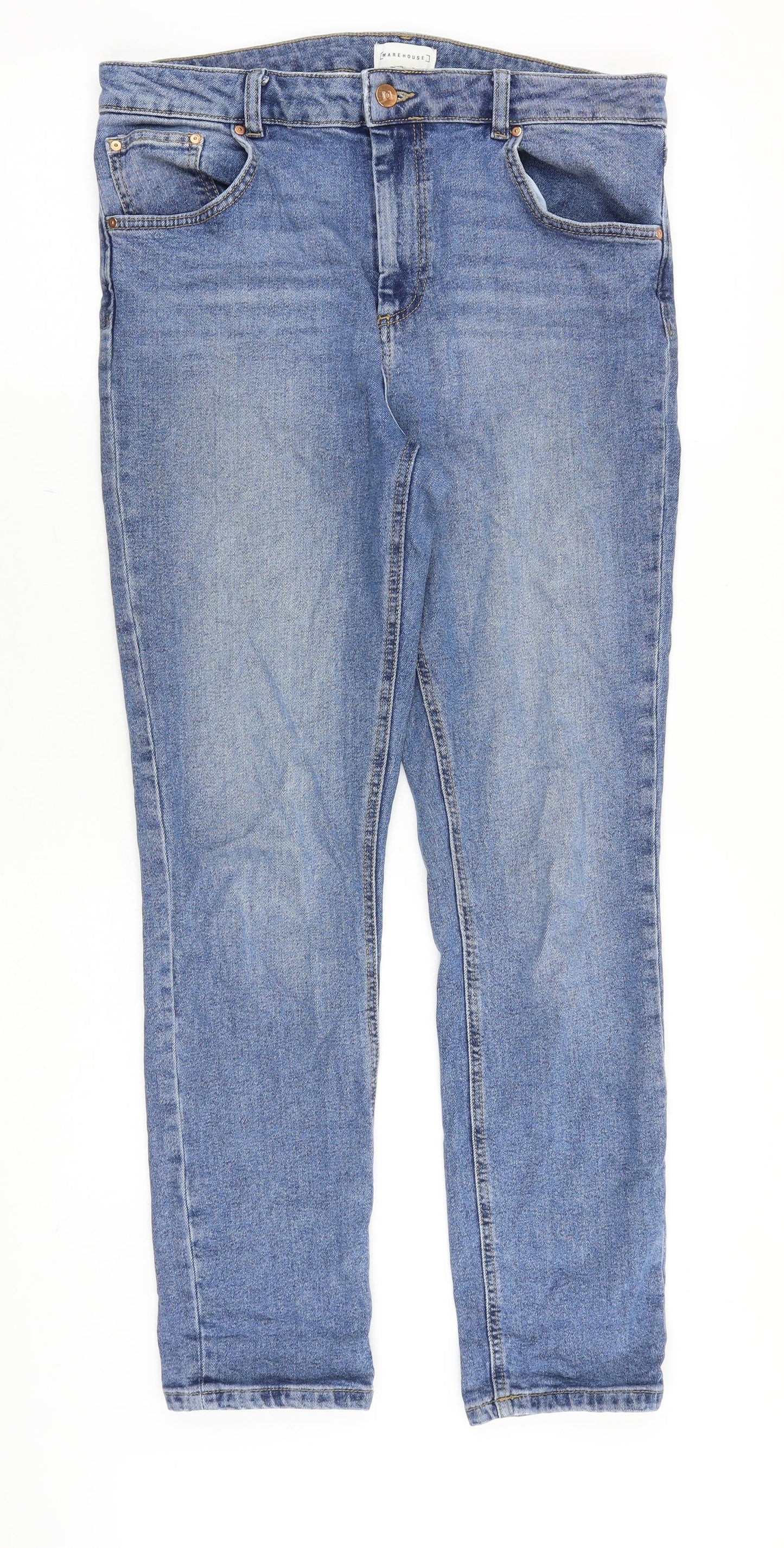 Warehouse Womens Blue Cotton Straight Jeans Size 14 Slim Zip