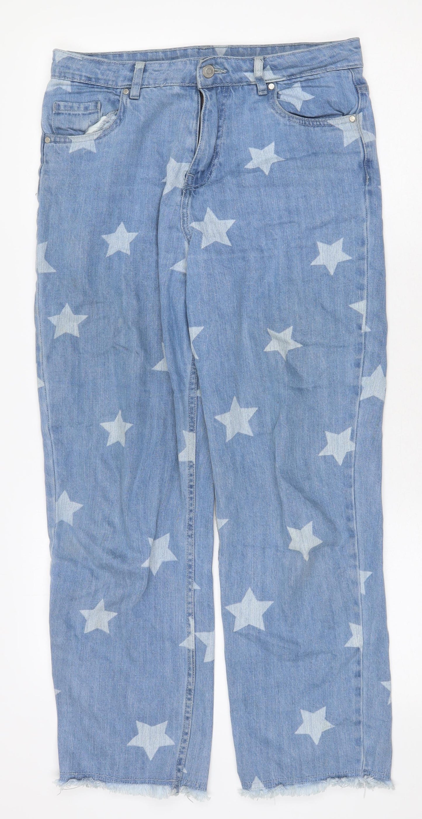 Violet Womens Blue Geometric Cotton Straight Jeans Size 12 Regular Zip - Star Pattern