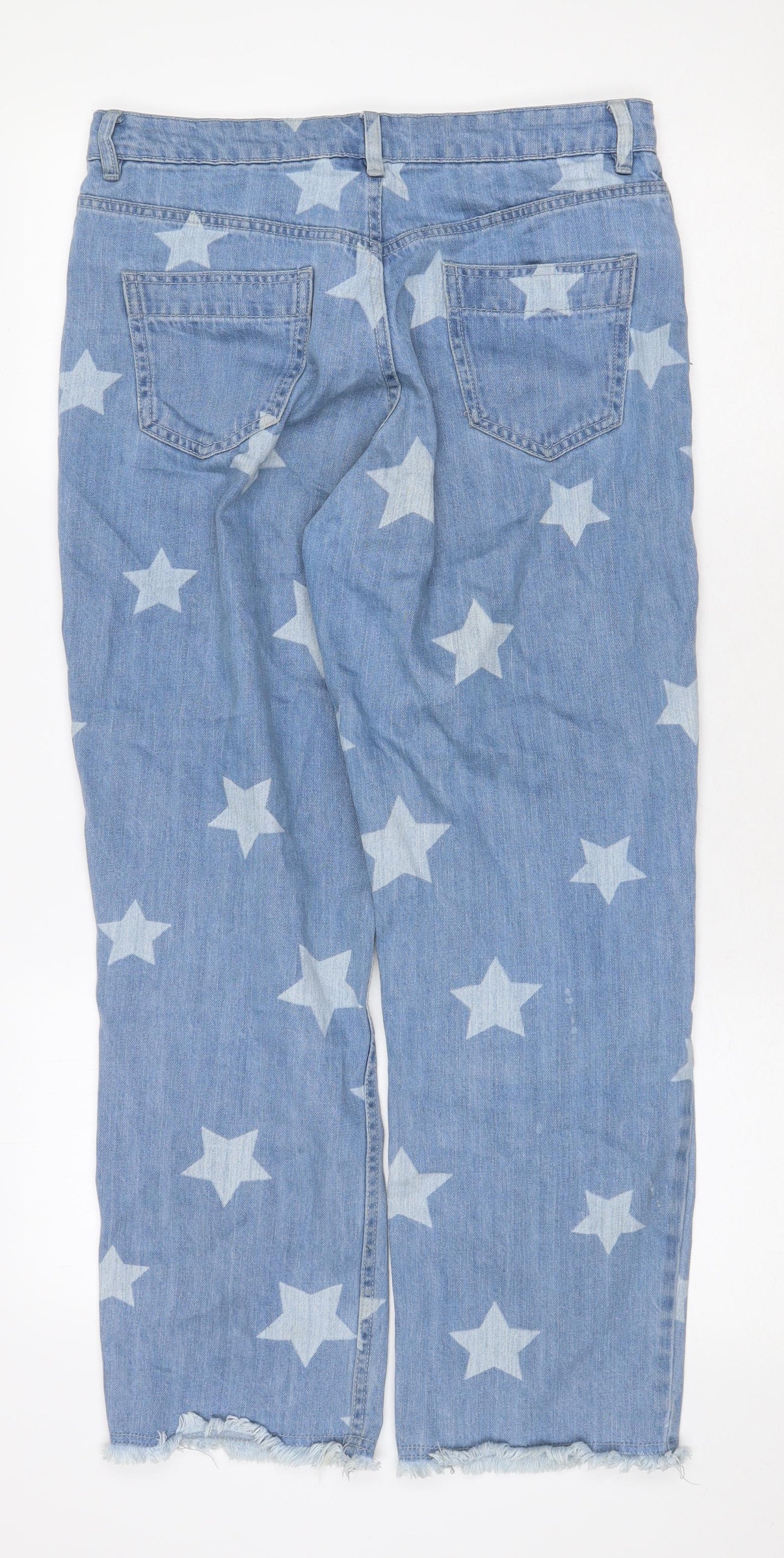 Violet Womens Blue Geometric Cotton Straight Jeans Size 12 Regular Zip - Star Pattern