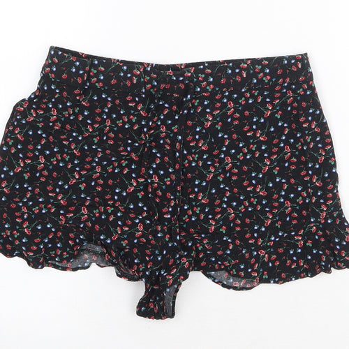 Topshop Womens Black Floral Cotton Basic Shorts Size 10 Regular Drawstring