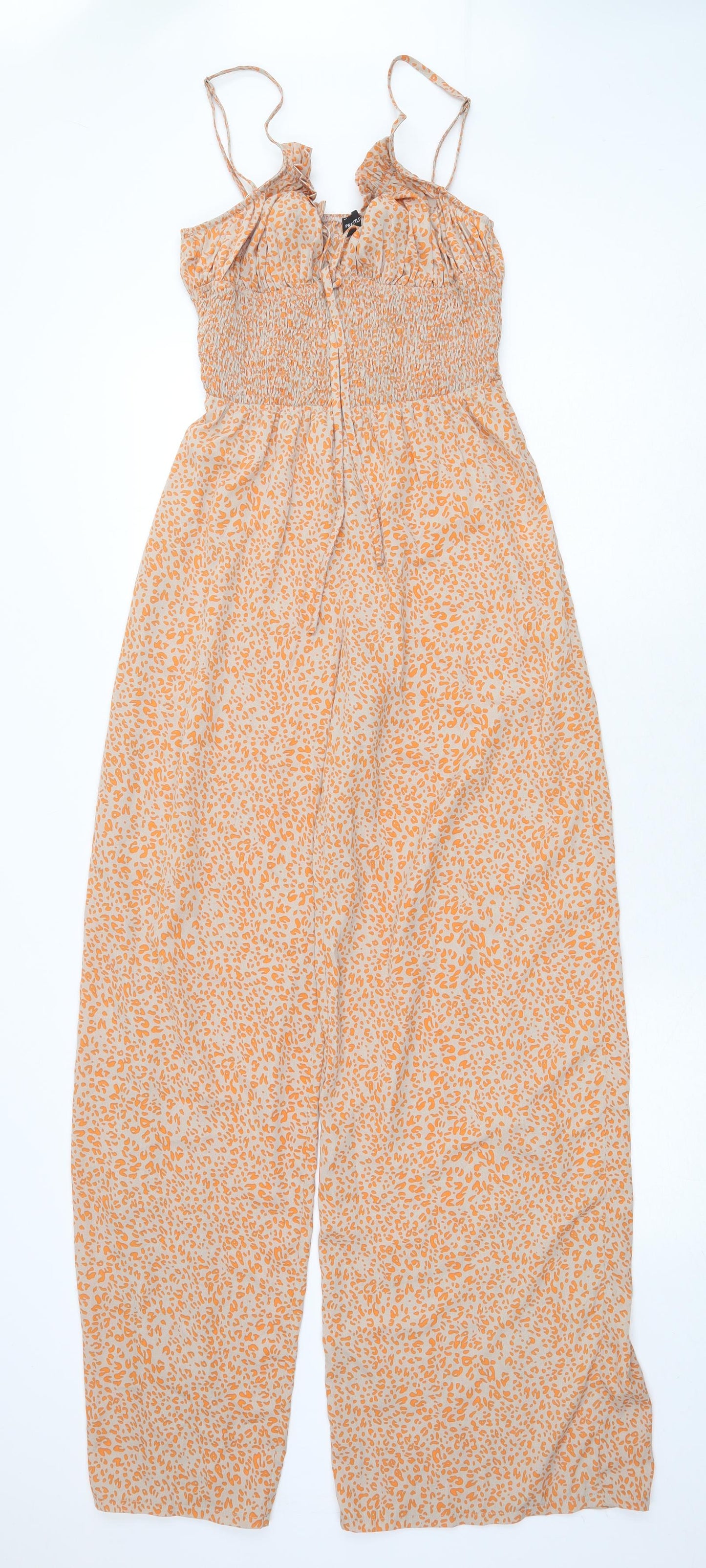 PRETTYLITTLETHING Womens Orange Animal Print Polyester Jumpsuit One-Piece Size L Pullover - Leopard print
