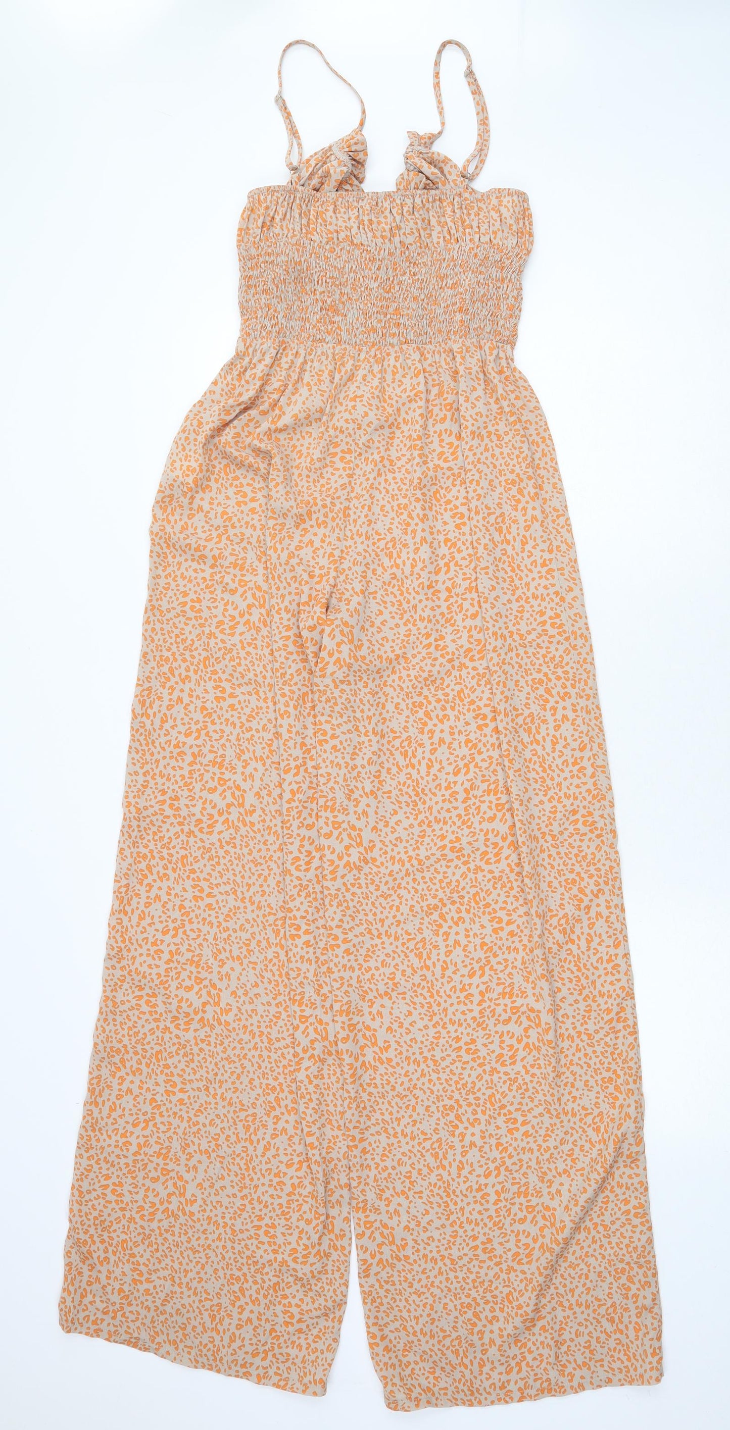 PRETTYLITTLETHING Womens Orange Animal Print Polyester Jumpsuit One-Piece Size L Pullover - Leopard print