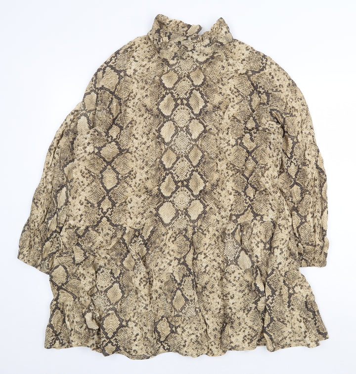 Zara Womens Beige Animal Print Polyester Shift Size 2XL High Neck Button - Snake Print