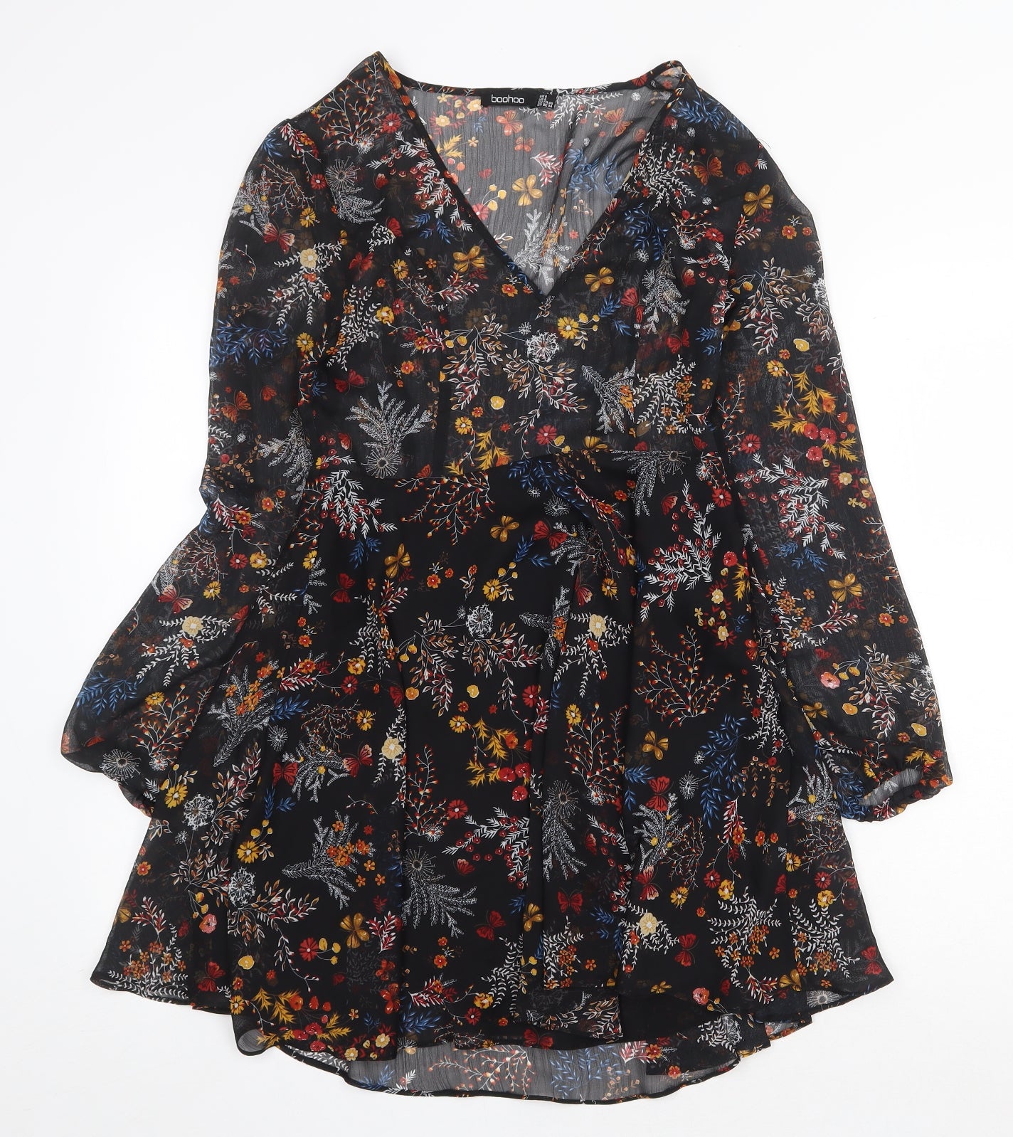 Boohoo Womens Black Floral Polyester Mini Size 8 V-Neck Zip
