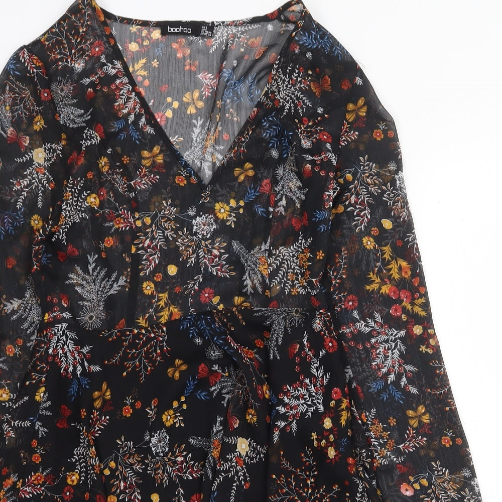 Boohoo Womens Black Floral Polyester Mini Size 8 V-Neck Zip