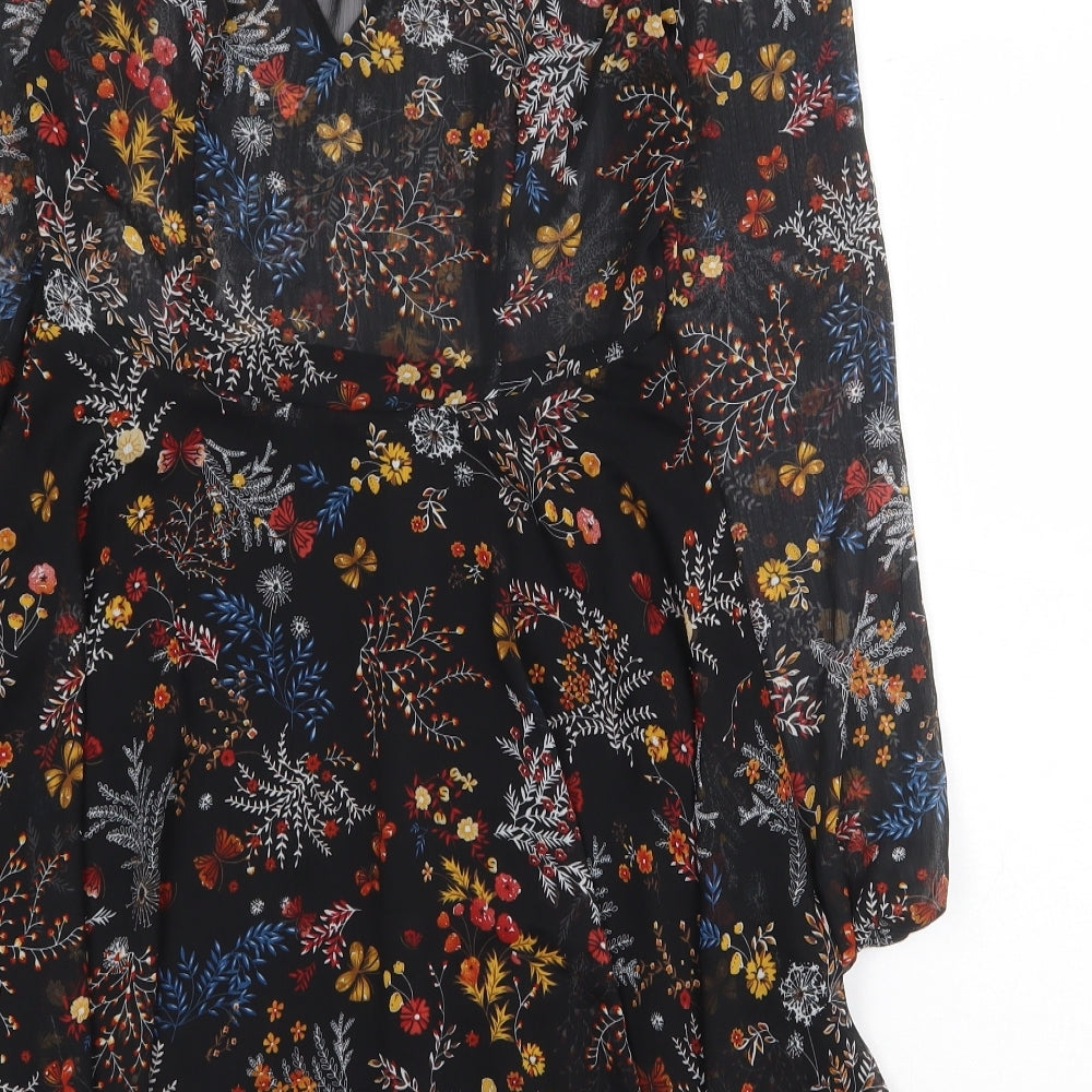 Boohoo Womens Black Floral Polyester Mini Size 8 V-Neck Zip