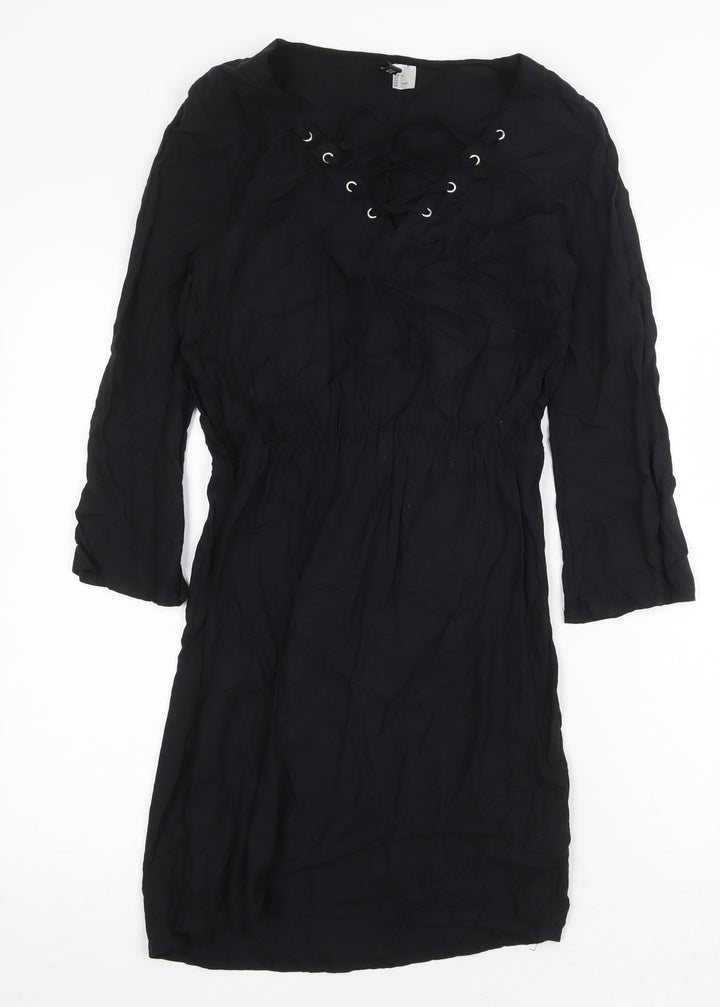 H&M Womens Black Viscose A-Line Size 8 V-Neck Pullover - Lace Up Detail
