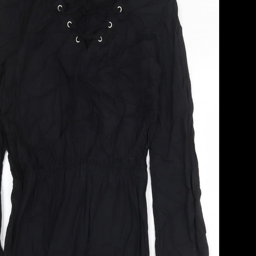 H&M Womens Black Viscose A-Line Size 8 V-Neck Pullover - Lace Up Detail
