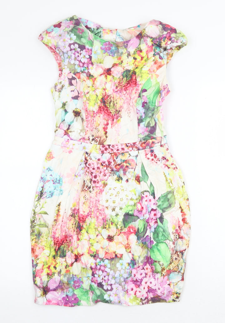 River Island Womens Multicoloured Floral Cotton Sheath Size 8 Round Neck Zip