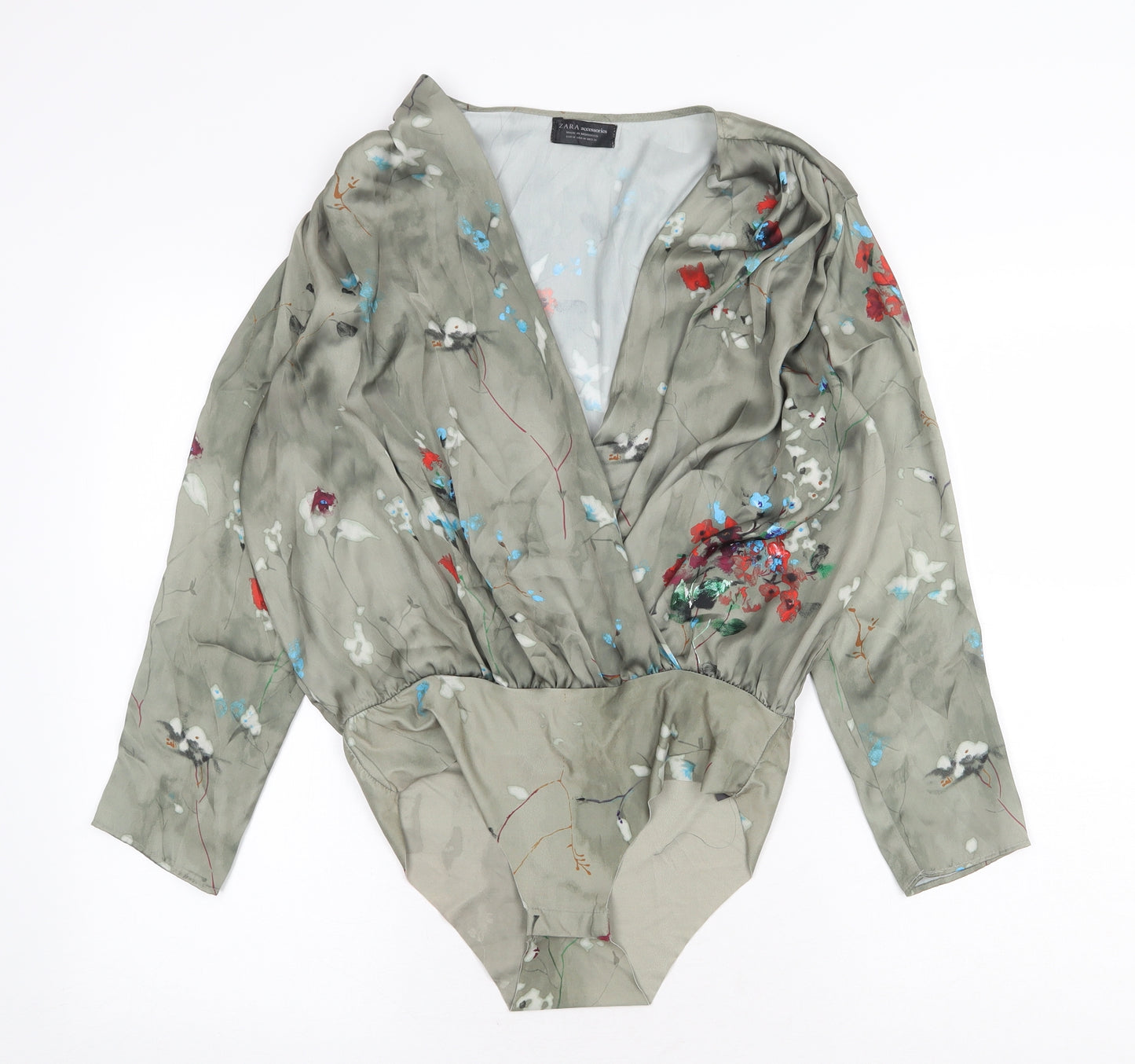 Zara Womens Green Floral Polyester Bodysuit One-Piece Size M Snap