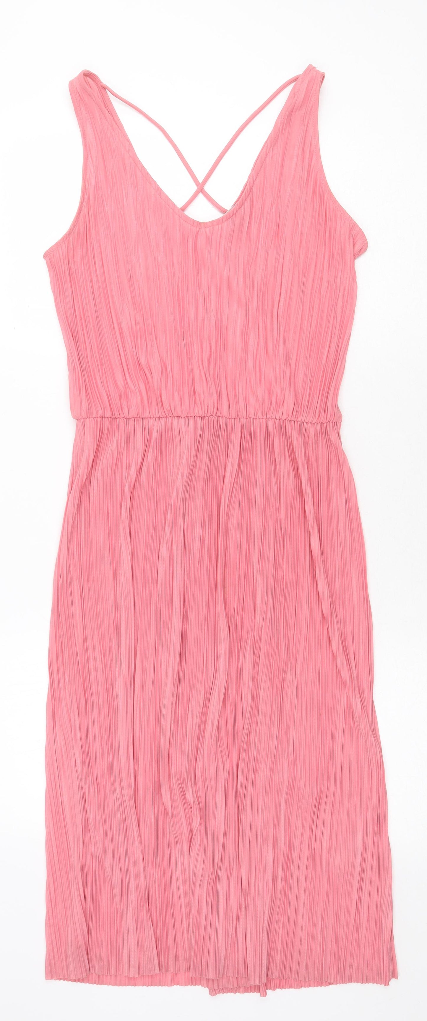 H&M Womens Pink Polyester Tank Dress Size M Scoop Neck Pullover - Plisse