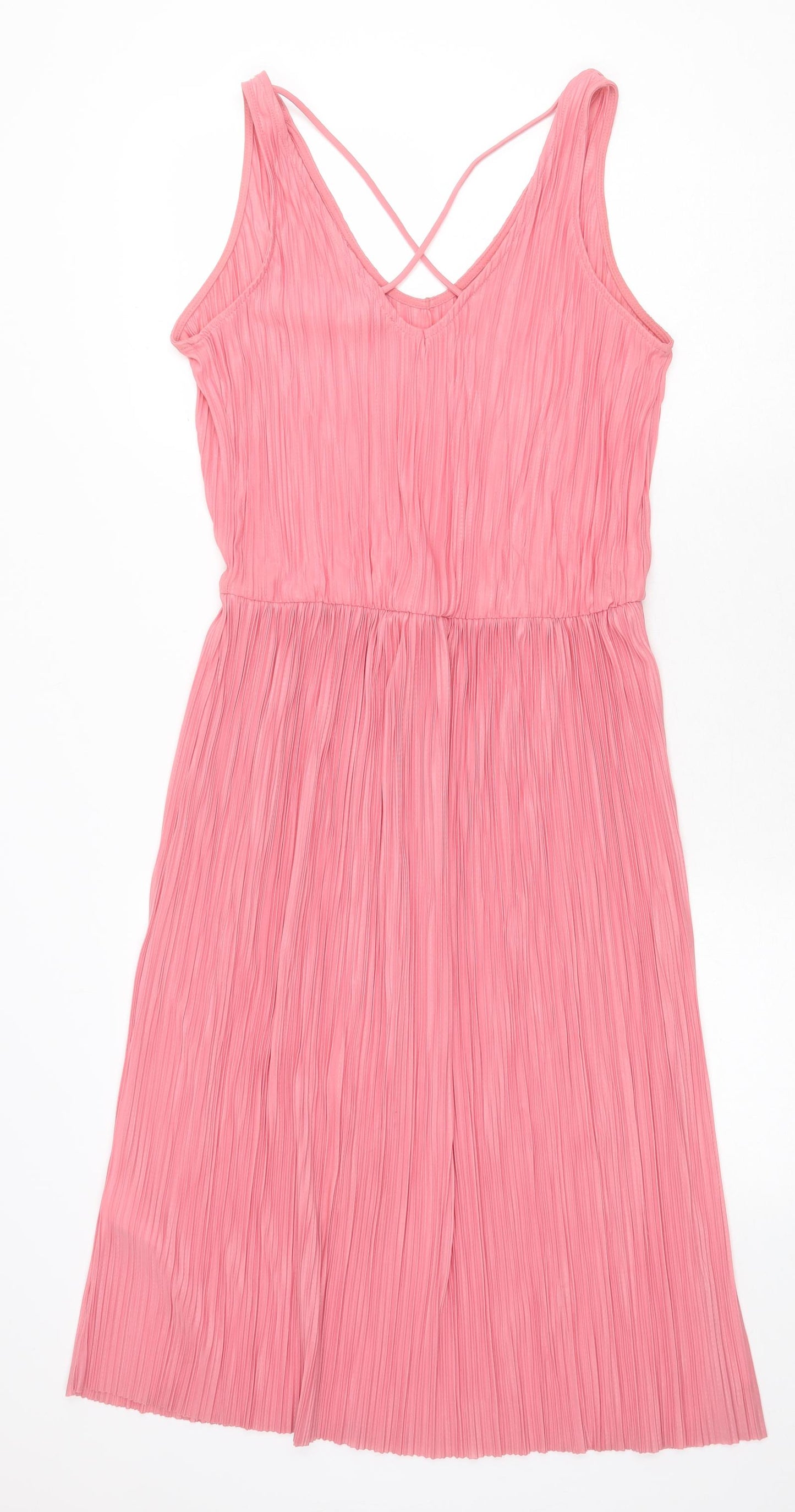 H&M Womens Pink Polyester Tank Dress Size M Scoop Neck Pullover - Plisse