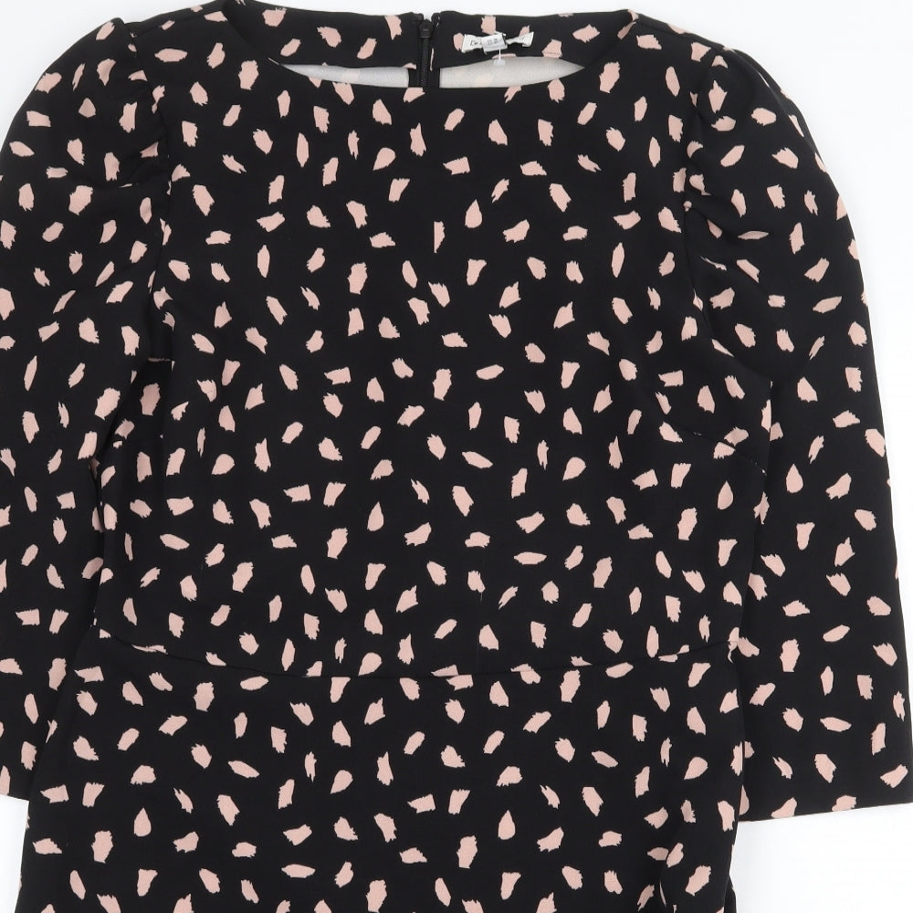Warehouse Womens Black Geometric Cotton Sheath Size 14 Boat Neck Zip