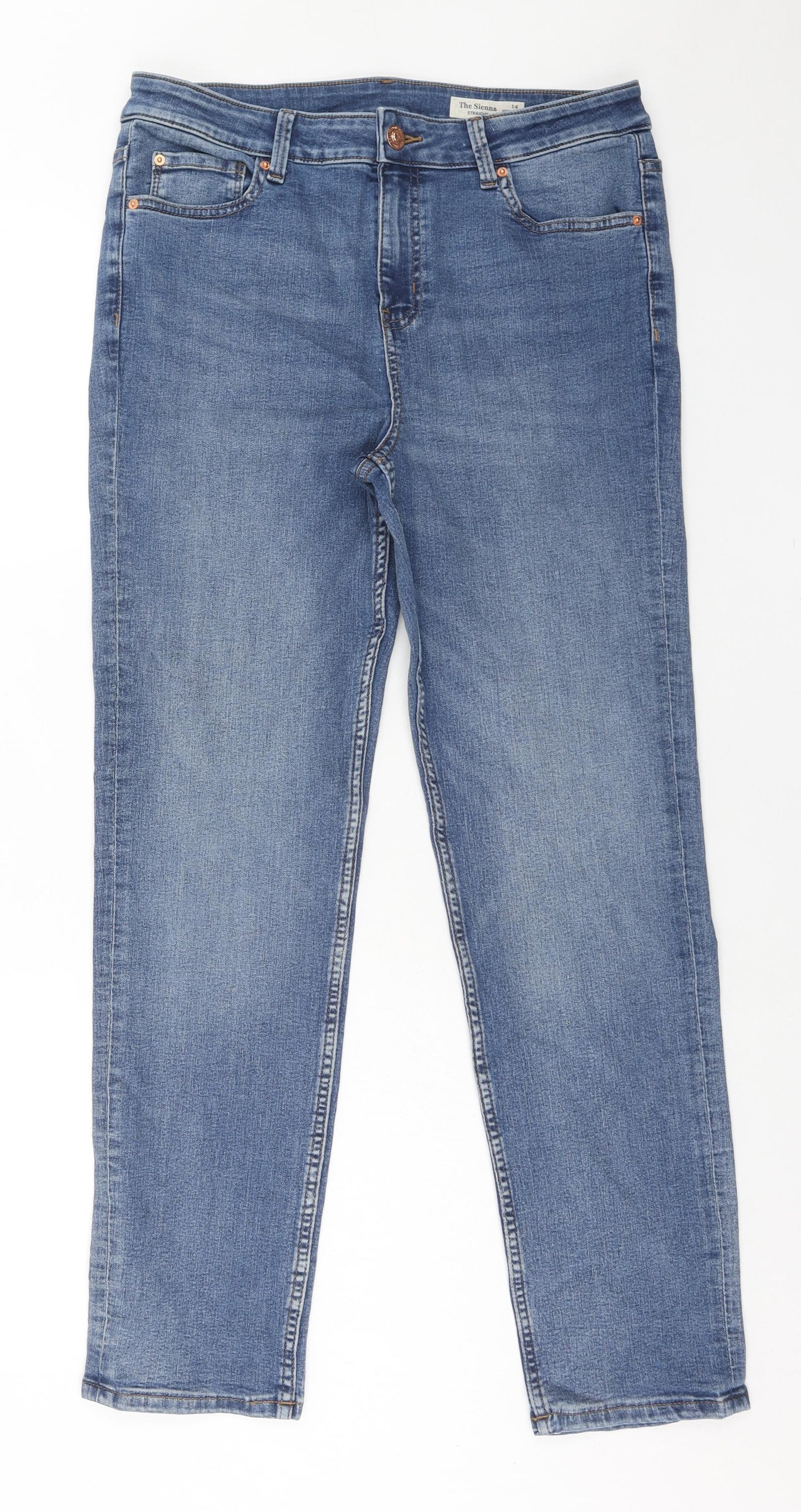 Marks and Spencer Womens Blue Cotton Straight Jeans Size 14 Regular Zip
