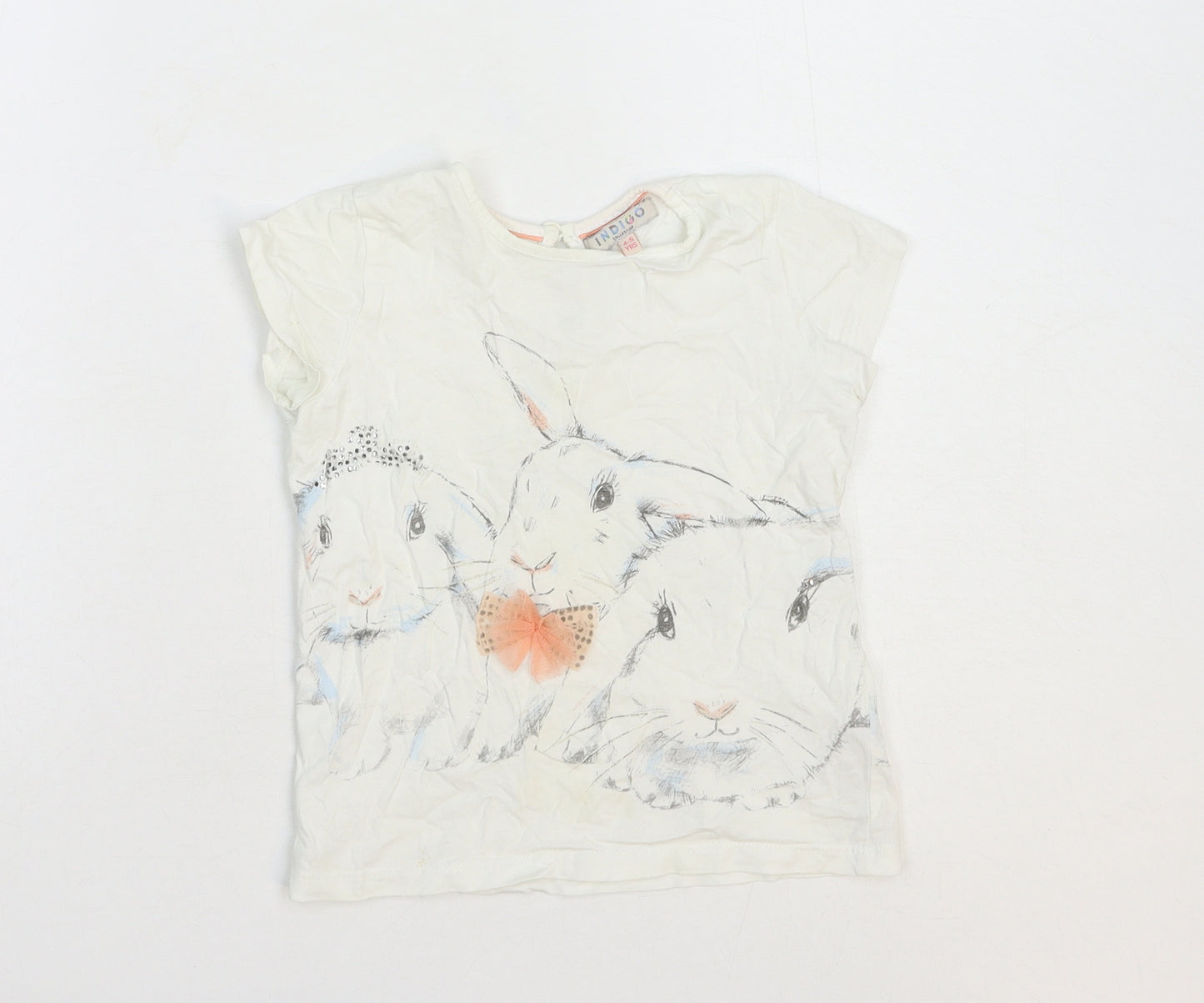 Indigo Girls White Cotton Basic T-Shirt Size 4-5 Years Scoop Neck Button - Bunny