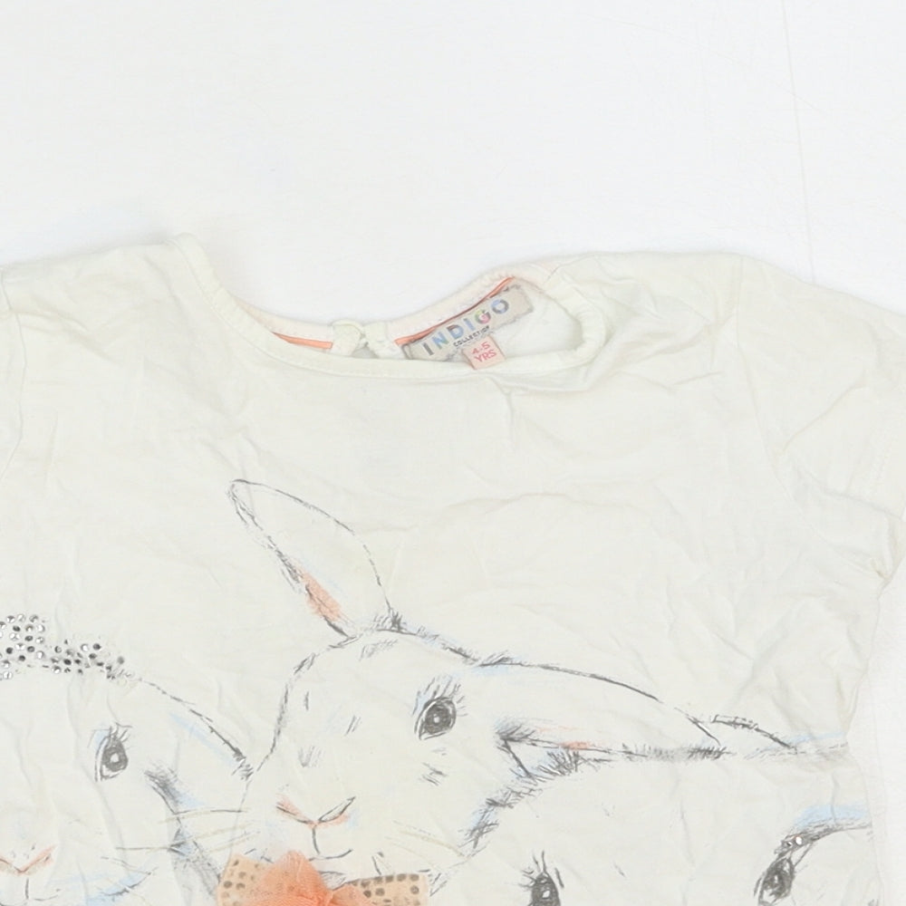Indigo Girls White Cotton Basic T-Shirt Size 4-5 Years Scoop Neck Button - Bunny