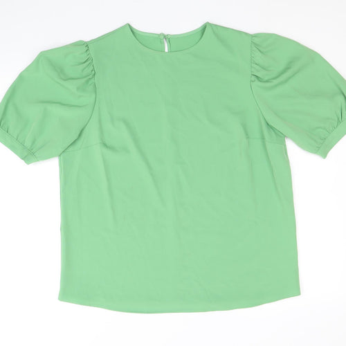 Preworn Womens Green Polyester Basic Blouse Size 14 Round Neck