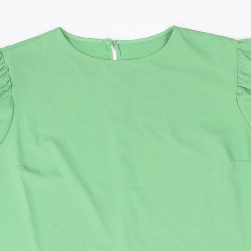 Preworn Womens Green Polyester Basic Blouse Size 14 Round Neck