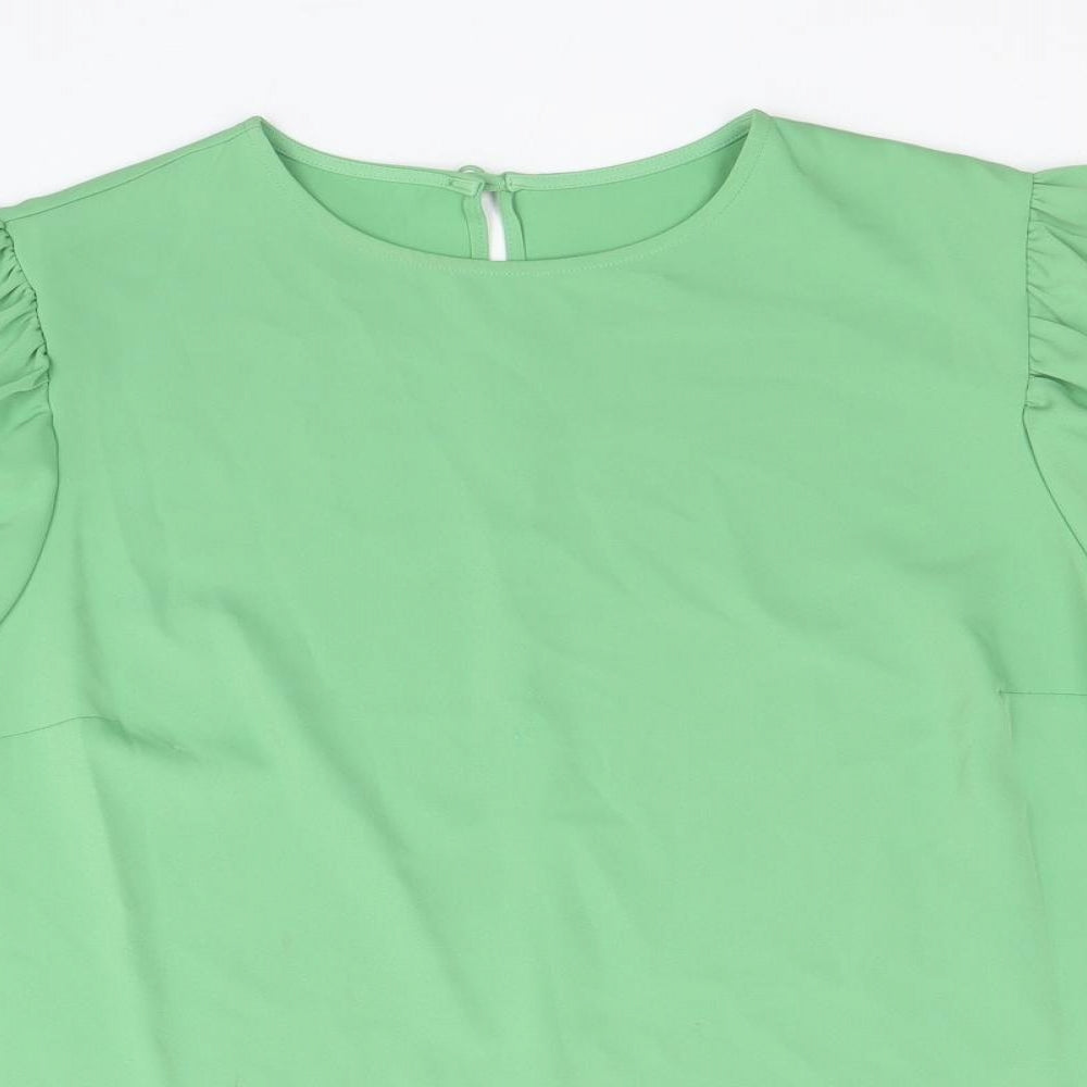 Preworn Womens Green Polyester Basic Blouse Size 14 Round Neck