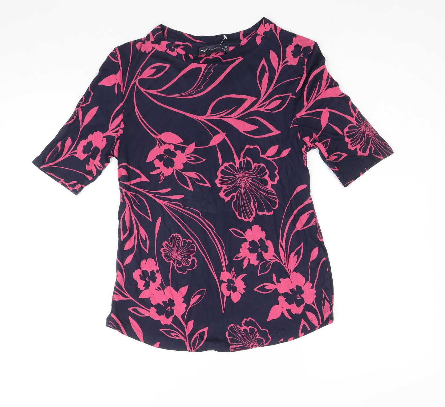 Marks and Spencer Womens Blue Floral Viscose Basic T-Shirt Size 10 Round Neck