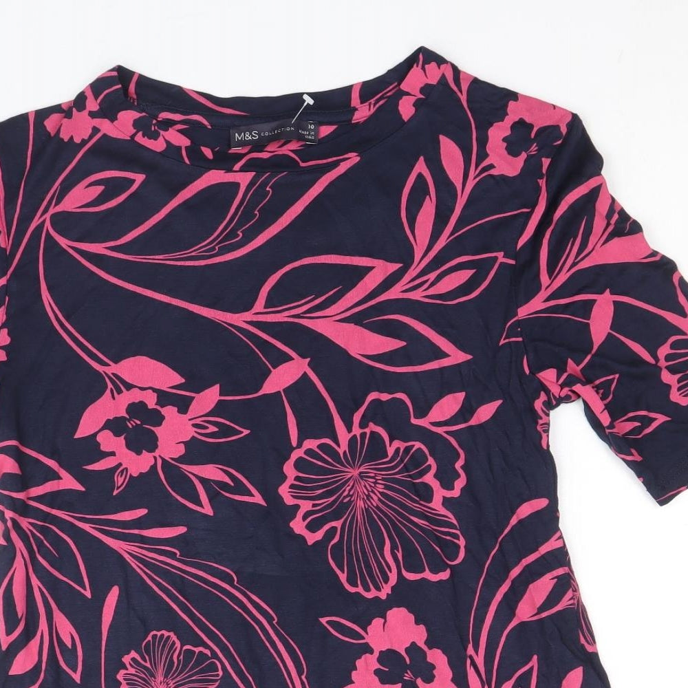 Marks and Spencer Womens Blue Floral Viscose Basic T-Shirt Size 10 Round Neck