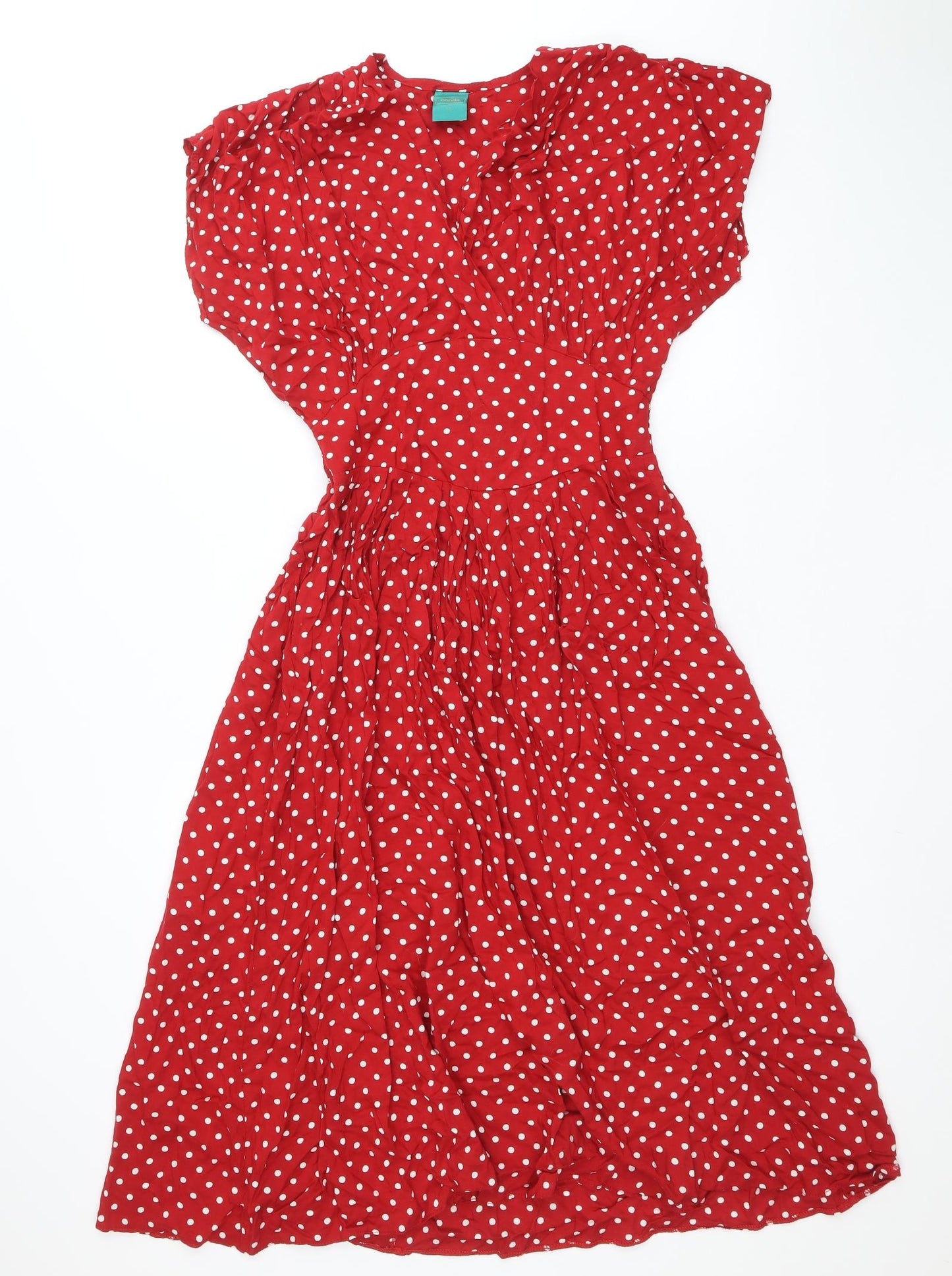 CANDA Womens Red Polka Dot Viscose Fit & Flare Size 12 V-Neck Pullover