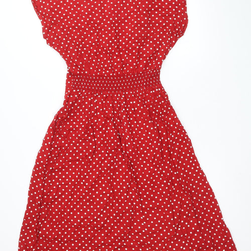 CANDA Womens Red Polka Dot Viscose Fit & Flare Size 12 V-Neck Pullover