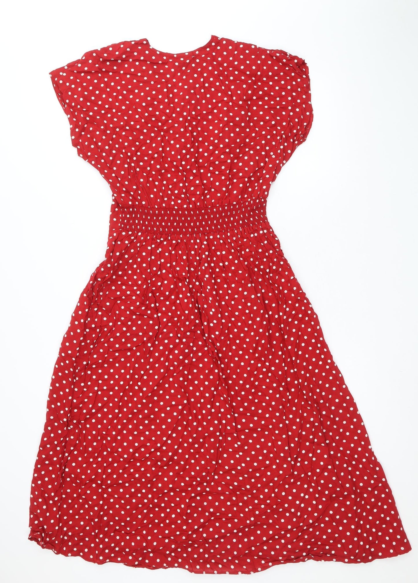CANDA Womens Red Polka Dot Viscose Fit & Flare Size 12 V-Neck Pullover