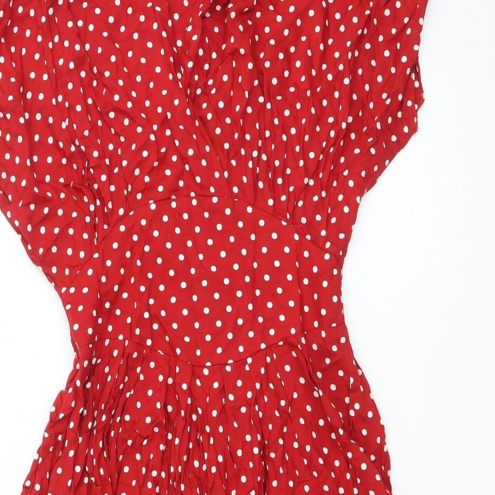 CANDA Womens Red Polka Dot Viscose Fit & Flare Size 12 V-Neck Pullover