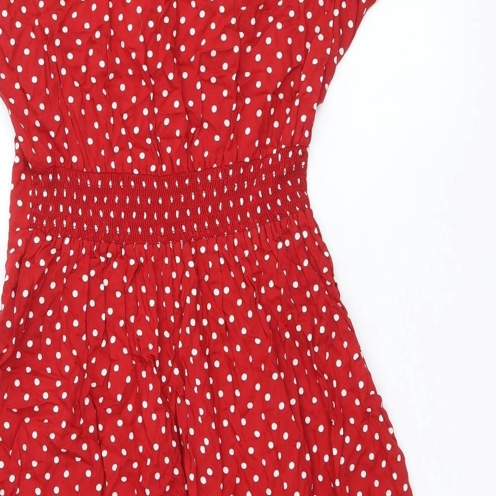 CANDA Womens Red Polka Dot Viscose Fit & Flare Size 12 V-Neck Pullover