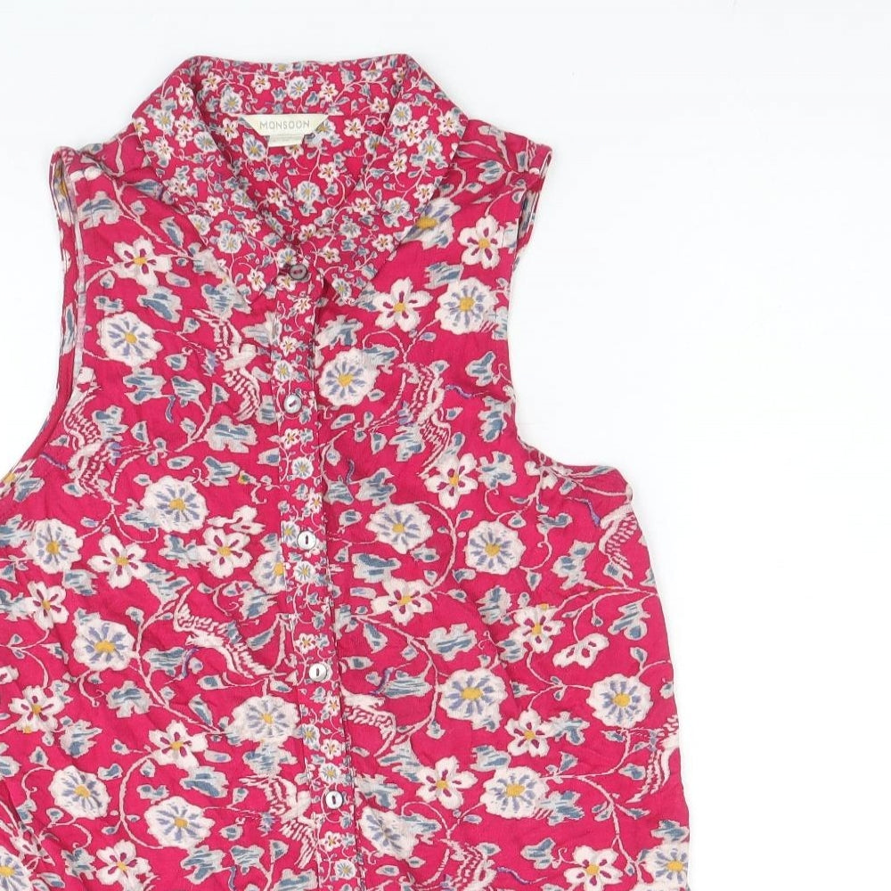 Monsoon Womens Pink Floral Viscose Basic Button-Up Size 8 Collared