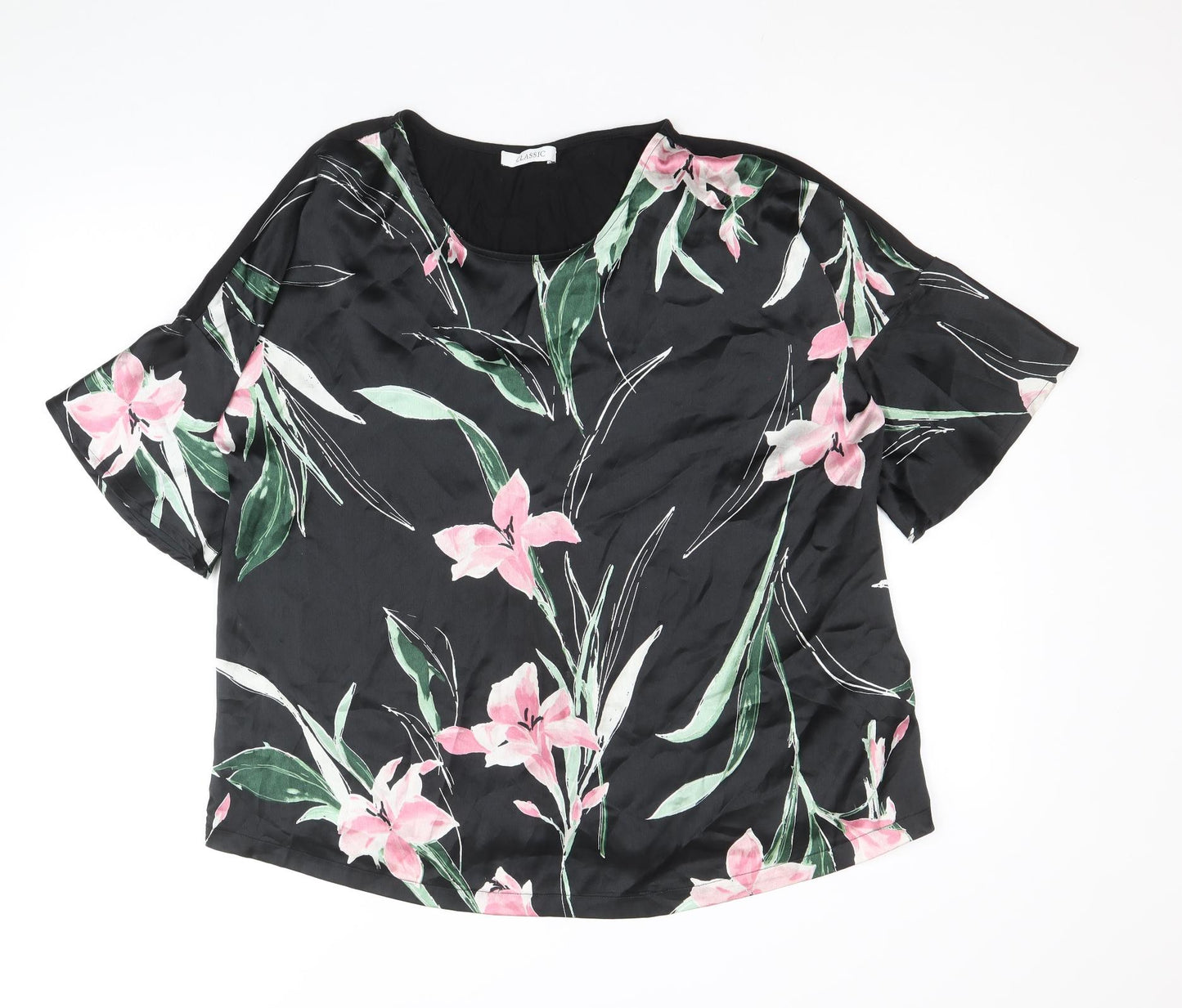 Marks and Spencer Womens Black Floral Polyester Basic T-Shirt Size 14 Scoop Neck
