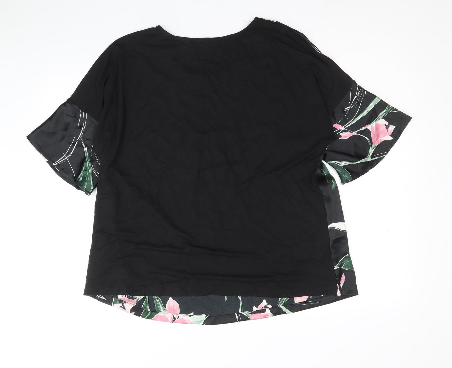 Marks and Spencer Womens Black Floral Polyester Basic T-Shirt Size 14 Scoop Neck