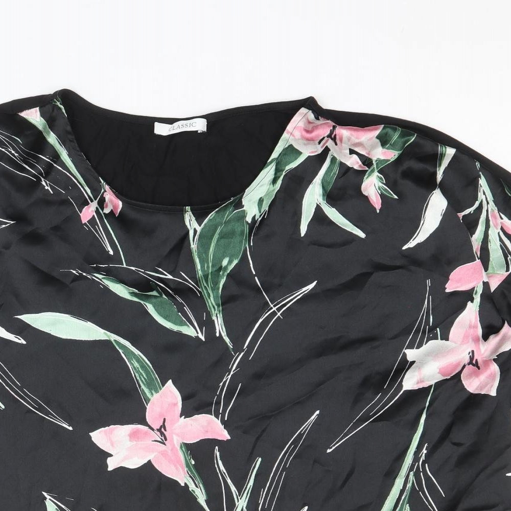 Marks and Spencer Womens Black Floral Polyester Basic T-Shirt Size 14 Scoop Neck