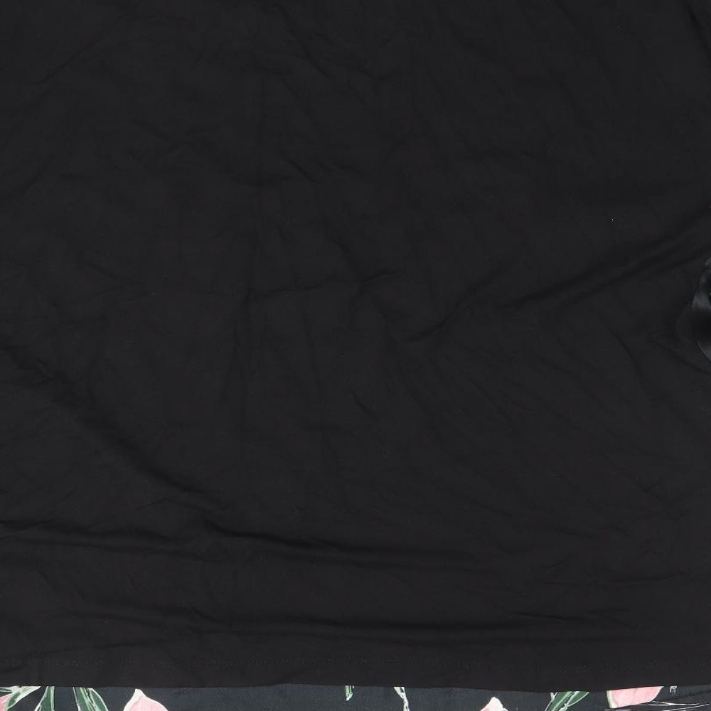 Marks and Spencer Womens Black Floral Polyester Basic T-Shirt Size 14 Scoop Neck
