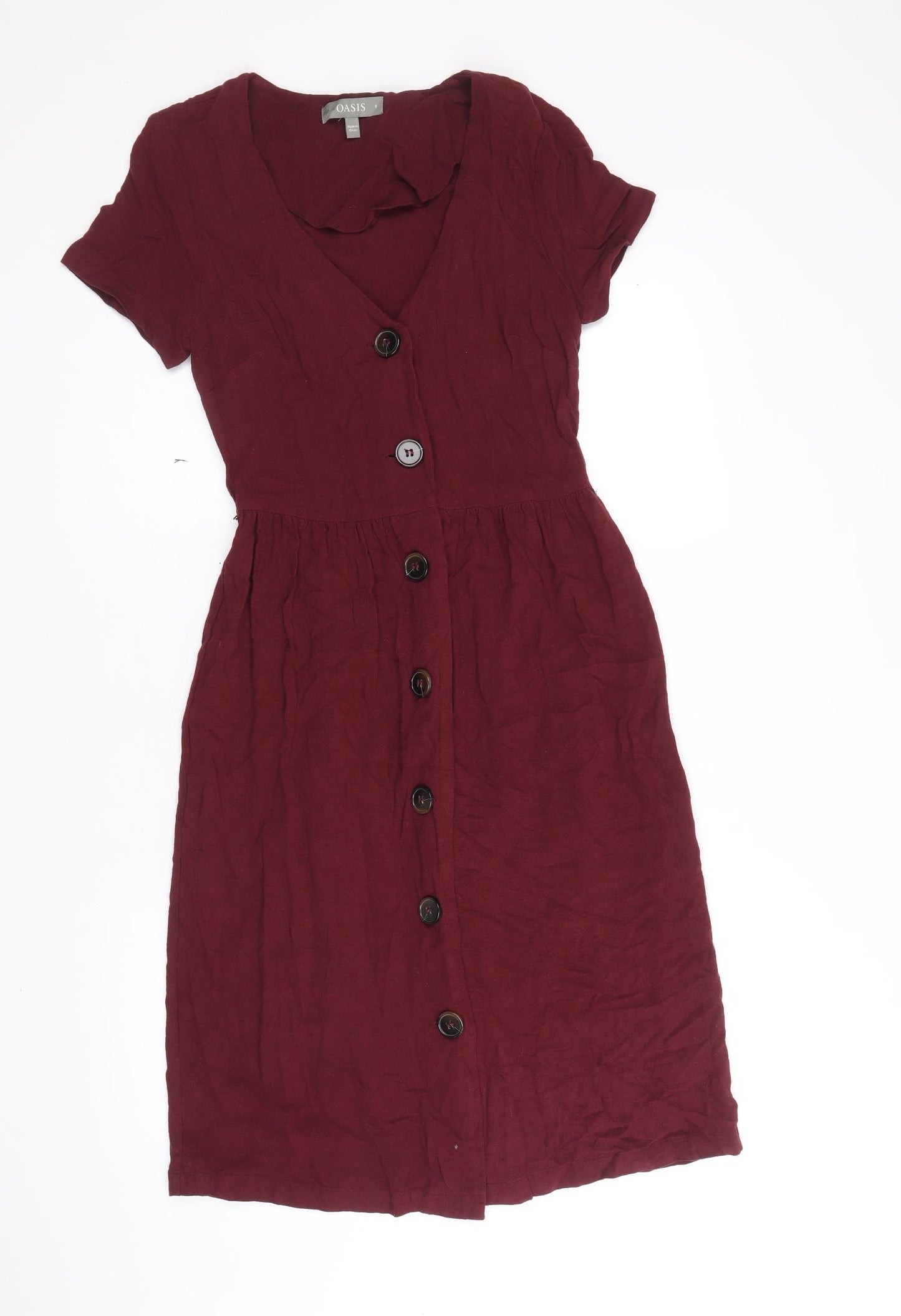 Oasis Womens Red Linen Fit & Flare Size 8 V-Neck Button