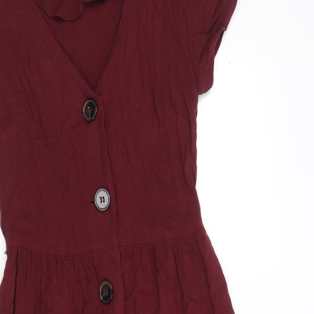 Oasis Womens Red Linen Fit & Flare Size 8 V-Neck Button