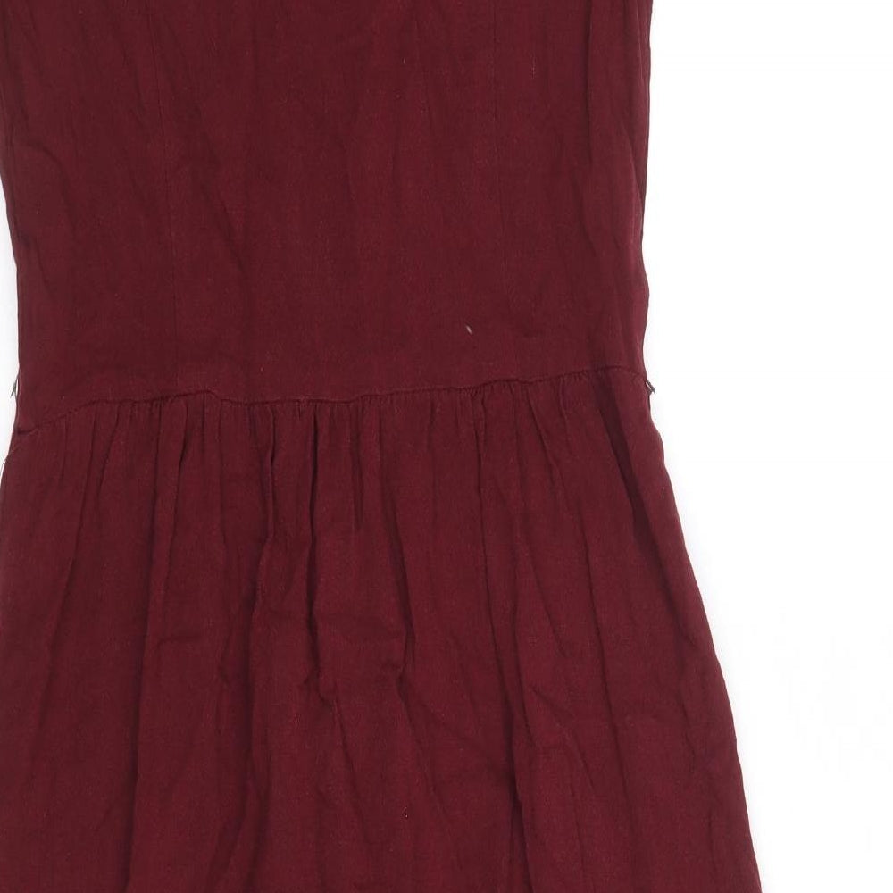 Oasis Womens Red Linen Fit & Flare Size 8 V-Neck Button