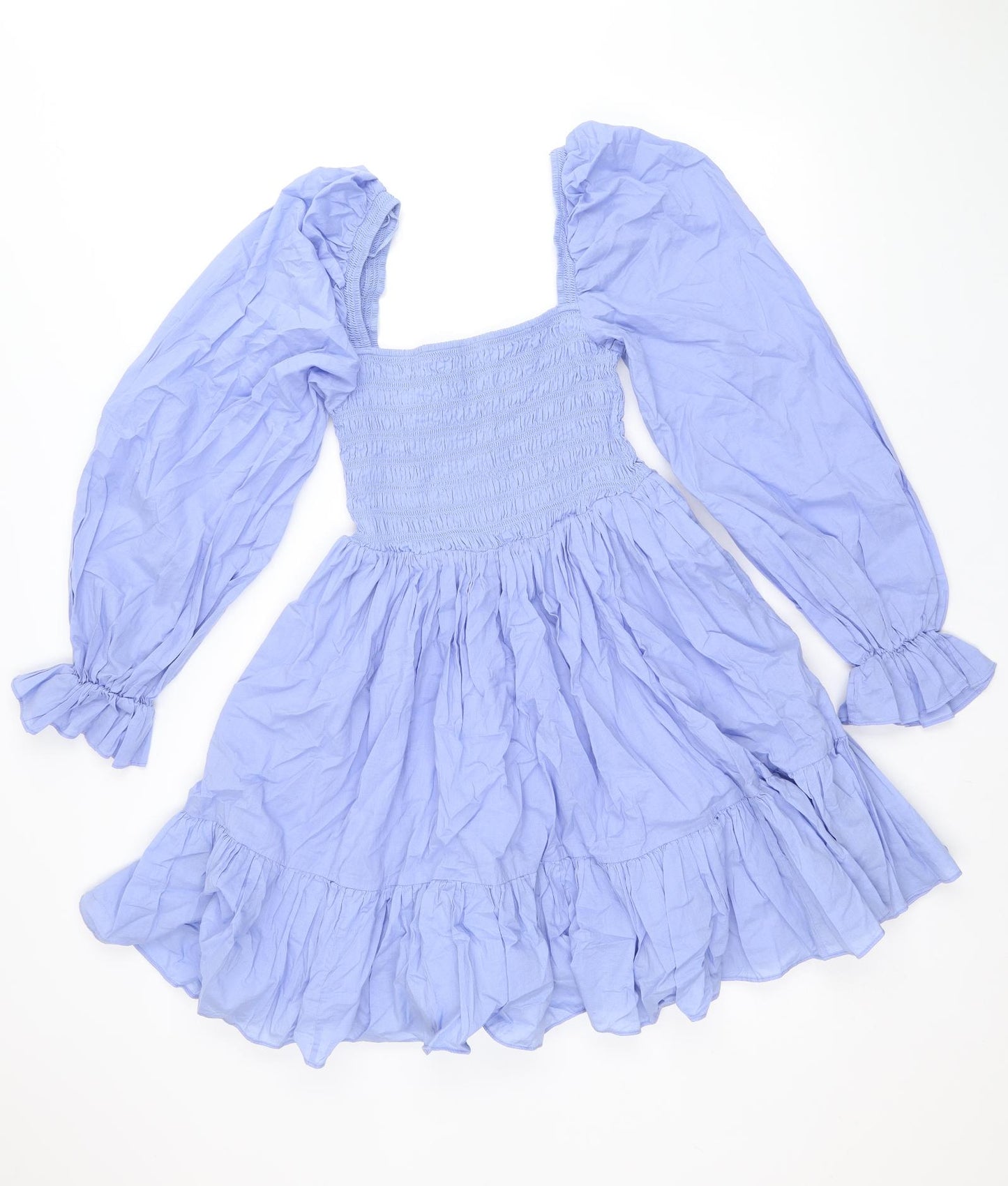 & Other Stories Womens Blue 100% Cotton Skater Dress Size 8 Square Neck Pullover - Shirred Top