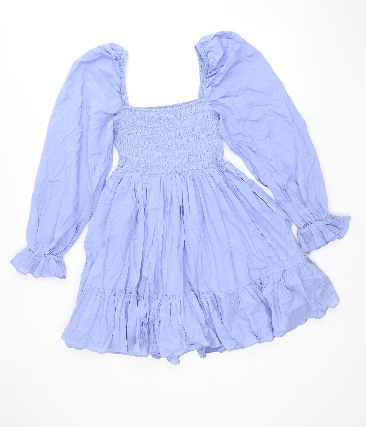 & Other Stories Womens Blue 100% Cotton Skater Dress Size 8 Square Neck Pullover - Shirred Top