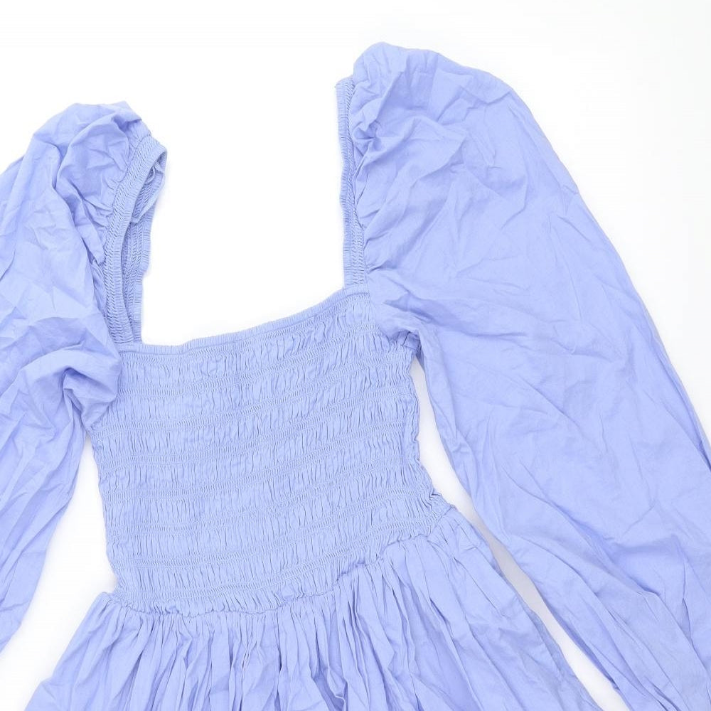 & Other Stories Womens Blue 100% Cotton Skater Dress Size 8 Square Neck Pullover - Shirred Top