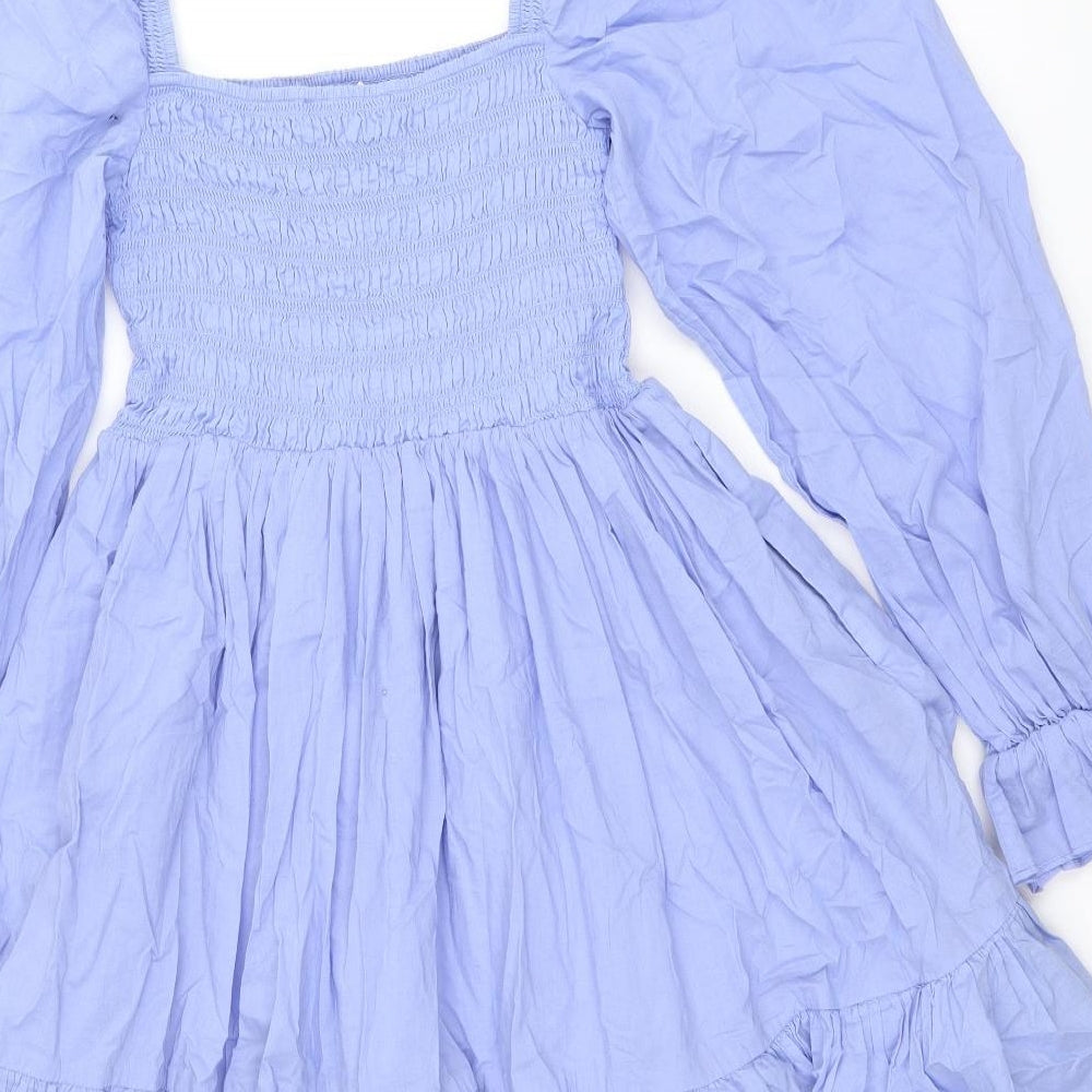 & Other Stories Womens Blue 100% Cotton Skater Dress Size 8 Square Neck Pullover - Shirred Top