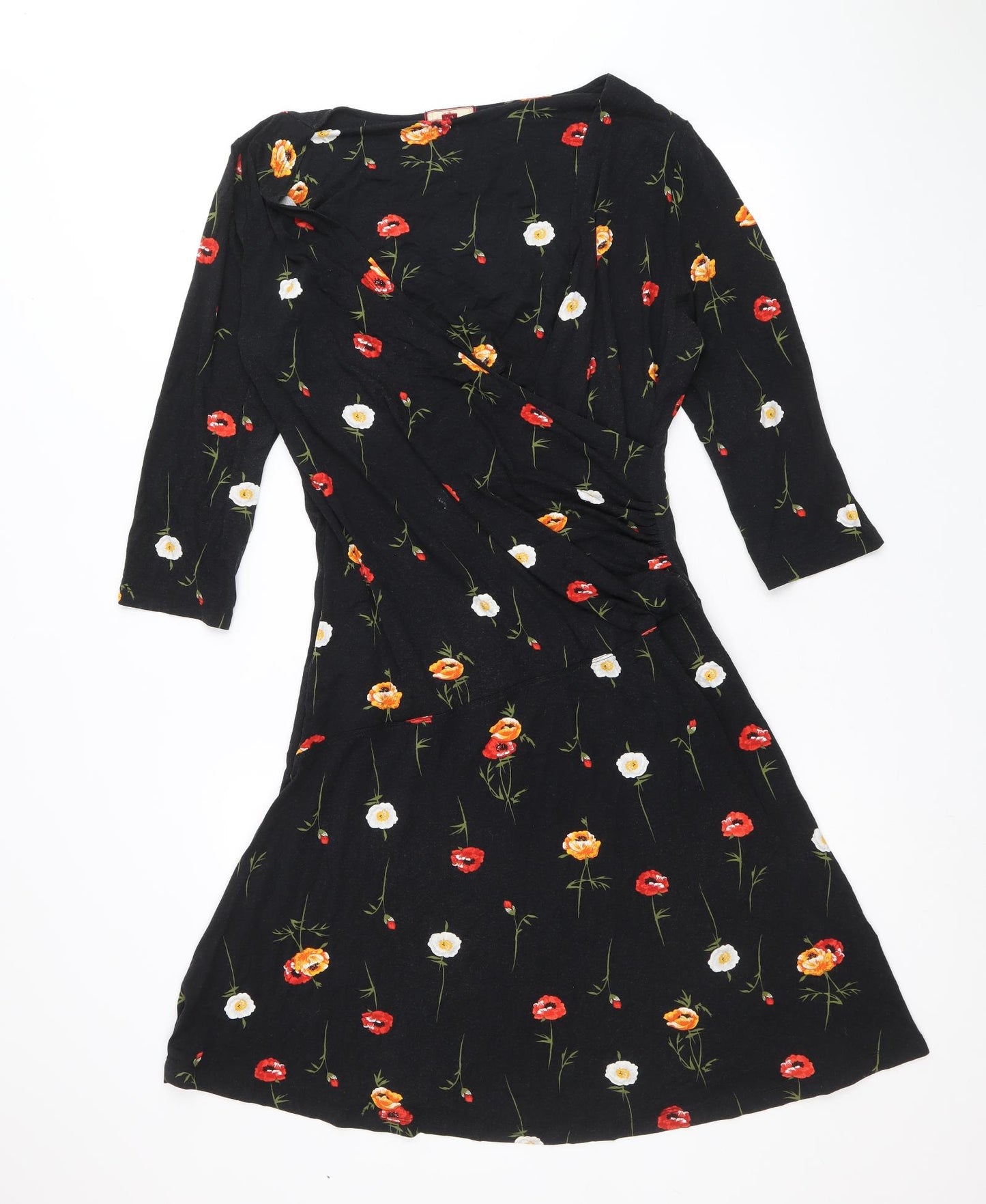 Joe Browns Womens Black Floral Viscose Fit & Flare Size 12 V-Neck Pullover