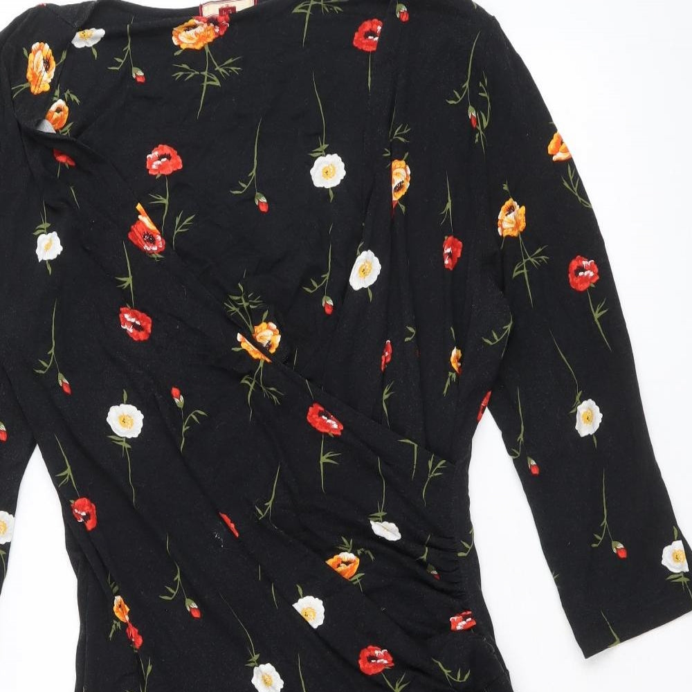 Joe Browns Womens Black Floral Viscose Fit & Flare Size 12 V-Neck Pullover